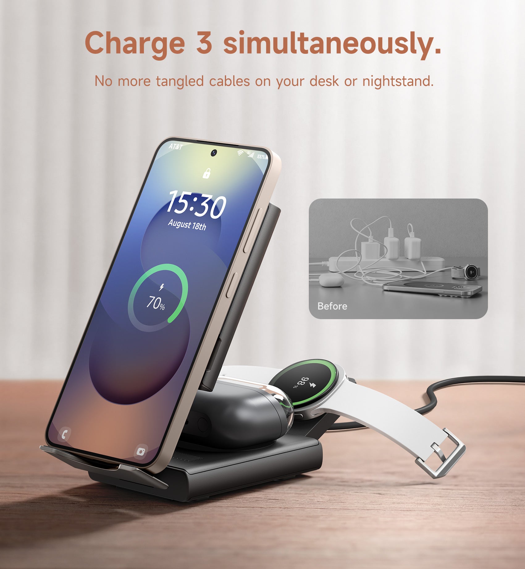 Suritch Samsung 3-in-1 Wireless Charging Station 15W Ultra-Compact Chargers Foldable Charging Dock Stand for Galaxy S25 S24 S23 S22 S21 Z Fold/Z Flip Galaxy Watch 8/7/6/5/4/3 Galaxy Buds
