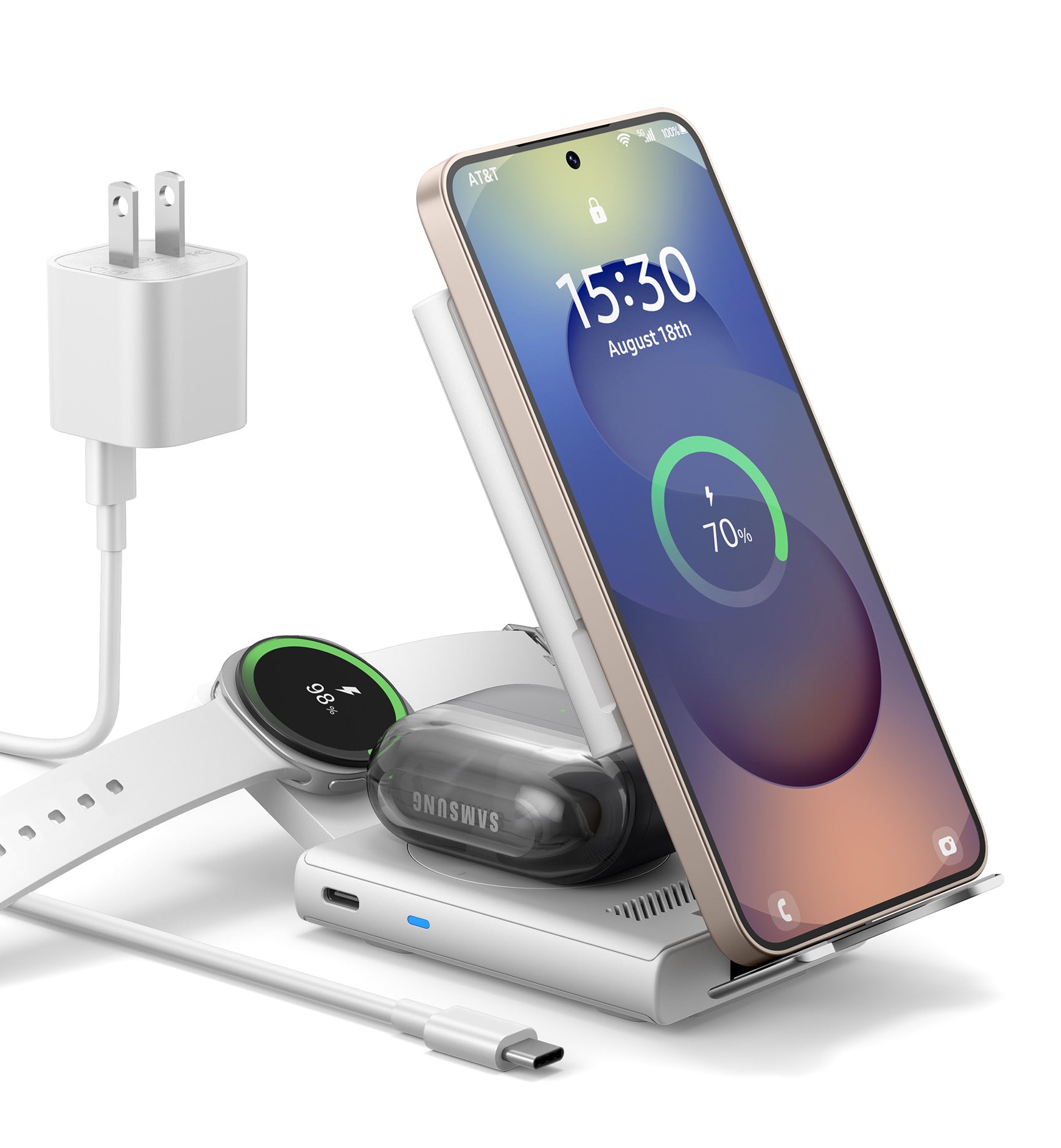 Suritch Samsung 3-in-1 Wireless Charging Station 15W Ultra-Compact Chargers Foldable Charging Dock Stand for Galaxy S25 S24 S23 S22 S21 Z Fold/Z Flip Galaxy Watch 8/7/6/5/4/3 Galaxy Buds