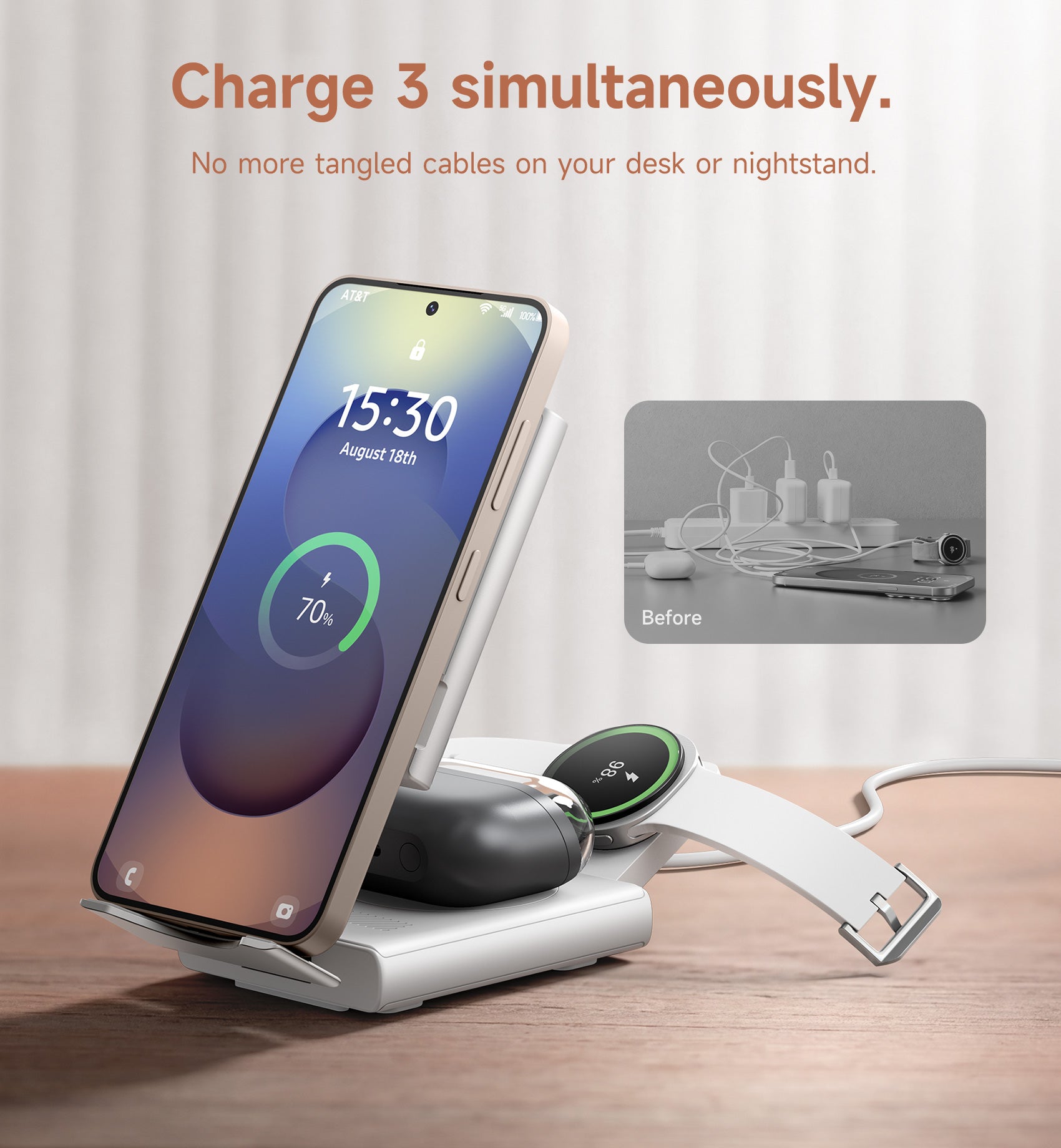 Suritch Samsung 3-in-1 Wireless Charging Station 15W Ultra-Compact Chargers Foldable Charging Dock Stand for Galaxy S25 S24 S23 S22 S21 Z Fold/Z Flip Galaxy Watch 8/7/6/5/4/3 Galaxy Buds