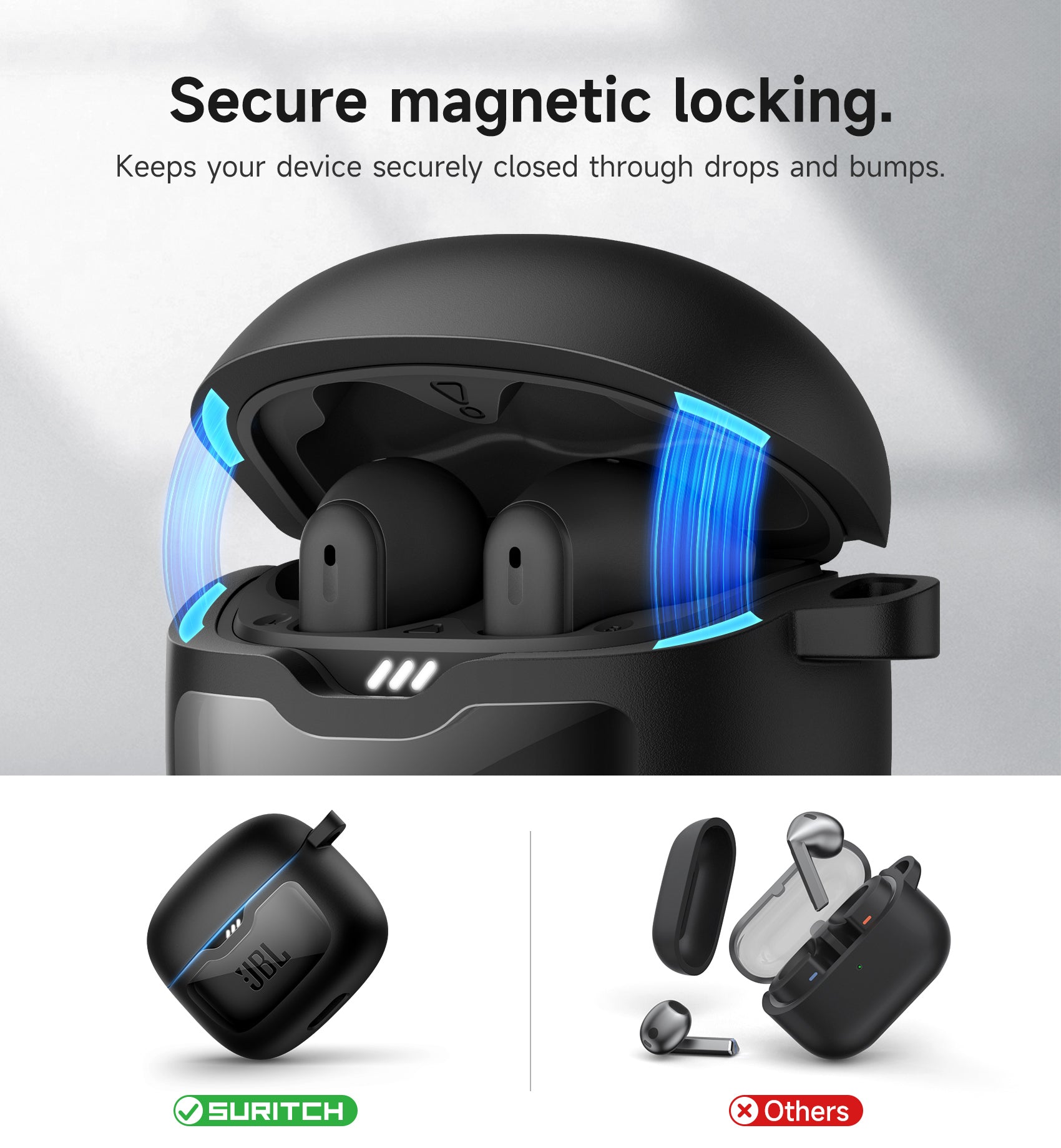 SURITCH Magnetic Bumper Case for JBL Tune Flex Earbuds Rugged Shockproof Protective Covers with Magnetic Lid Lock Carabiner Cleaning Kit Removal Tool