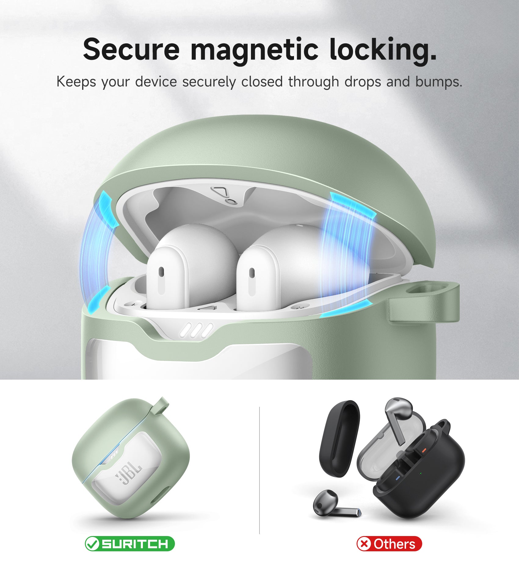 SURITCH Magnetic Bumper Case for JBL Tune Flex Earbuds Rugged Shockproof Protective Covers with Magnetic Lid Lock Carabiner Cleaning Kit Removal Tool