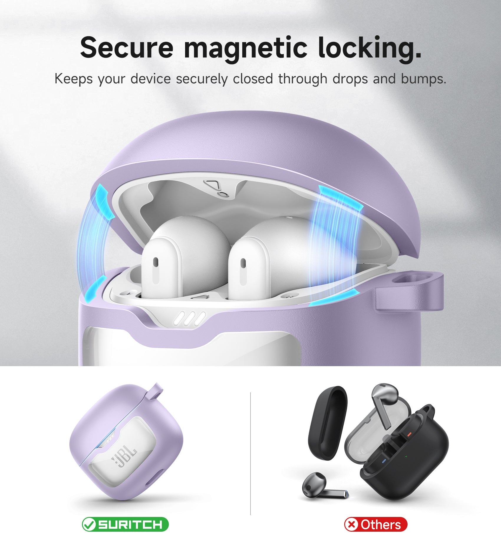 SURITCH Magnetic Bumper Case for JBL Tune Flex Earbuds Rugged Shockproof Protective Covers with Magnetic Lid Lock Carabiner Cleaning Kit Removal Tool