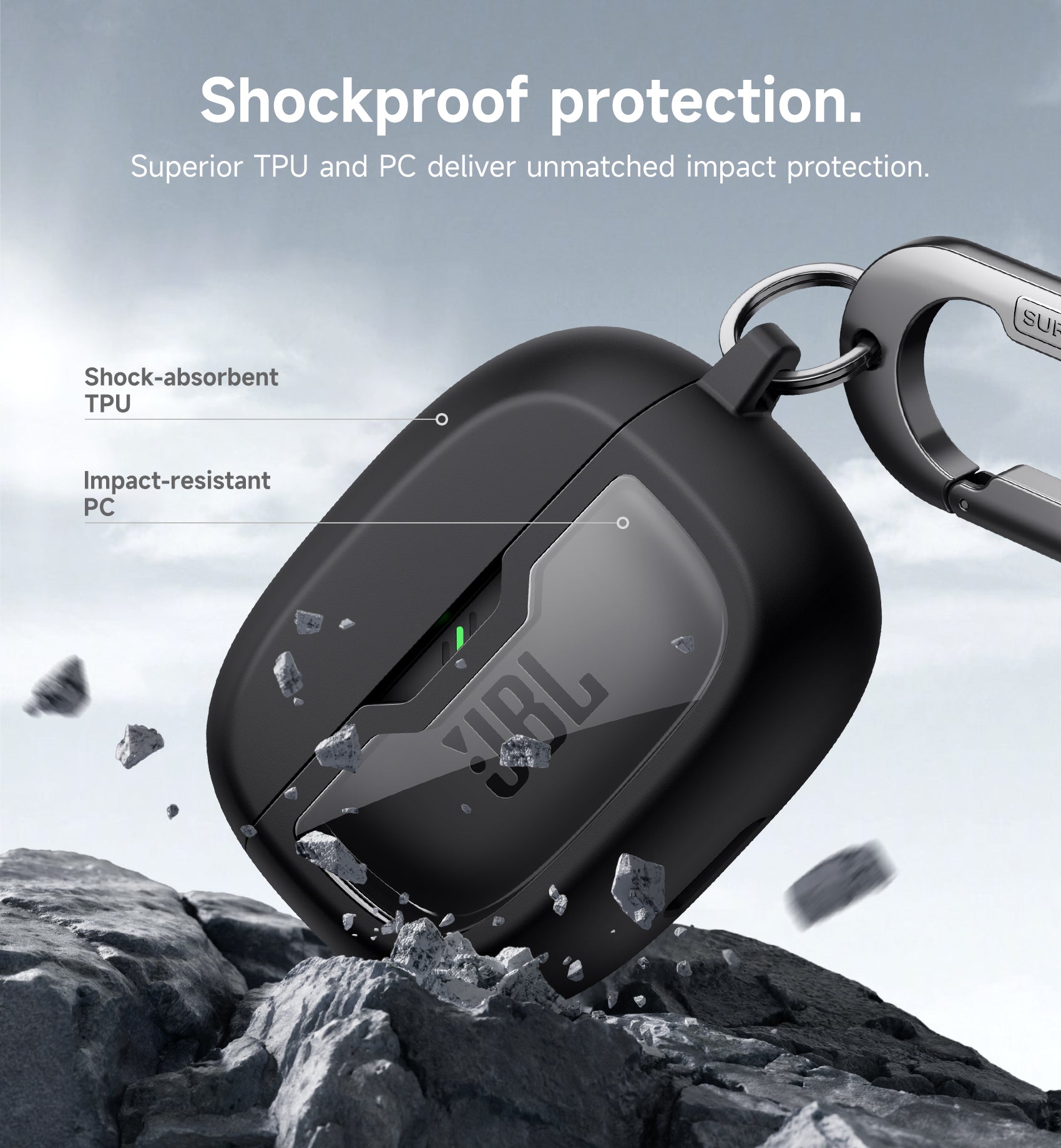 Suritch Case for JBL Vibe Beam Earbuds Shockproof Magnetic Protective Headphone Cover Rugged Bumper with Carabiner Cleaning Kit Removal Tool