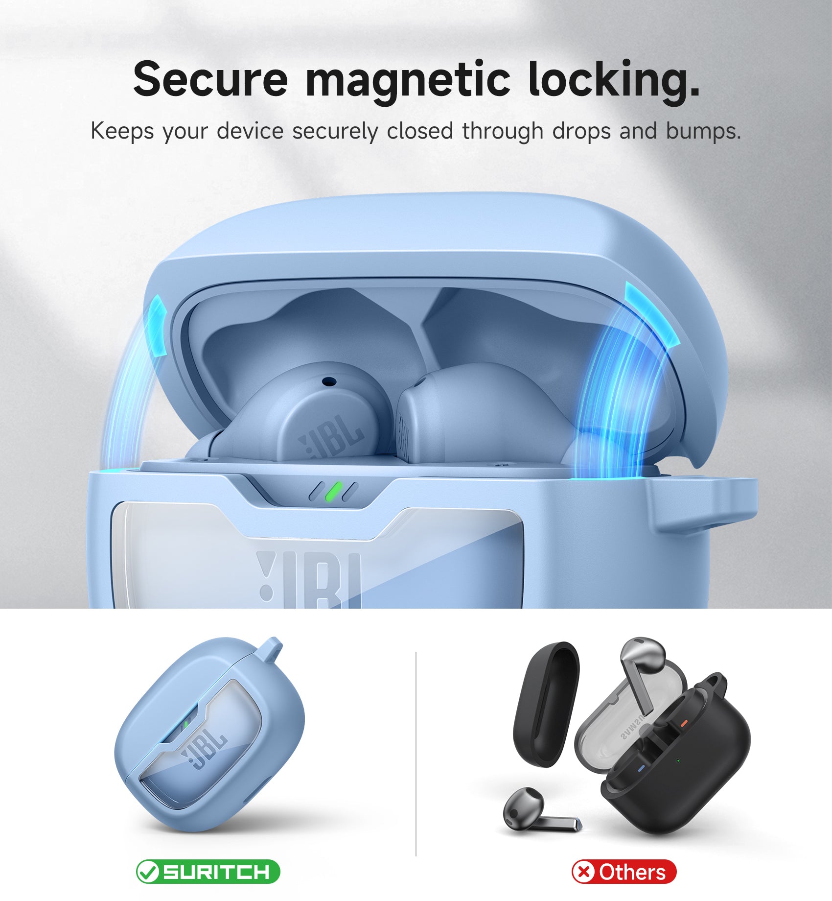 Suritch Case for JBL Vibe Beam Earbuds Shockproof Magnetic Protective Headphone Cover Rugged Bumper with Carabiner Cleaning Kit Removal Tool