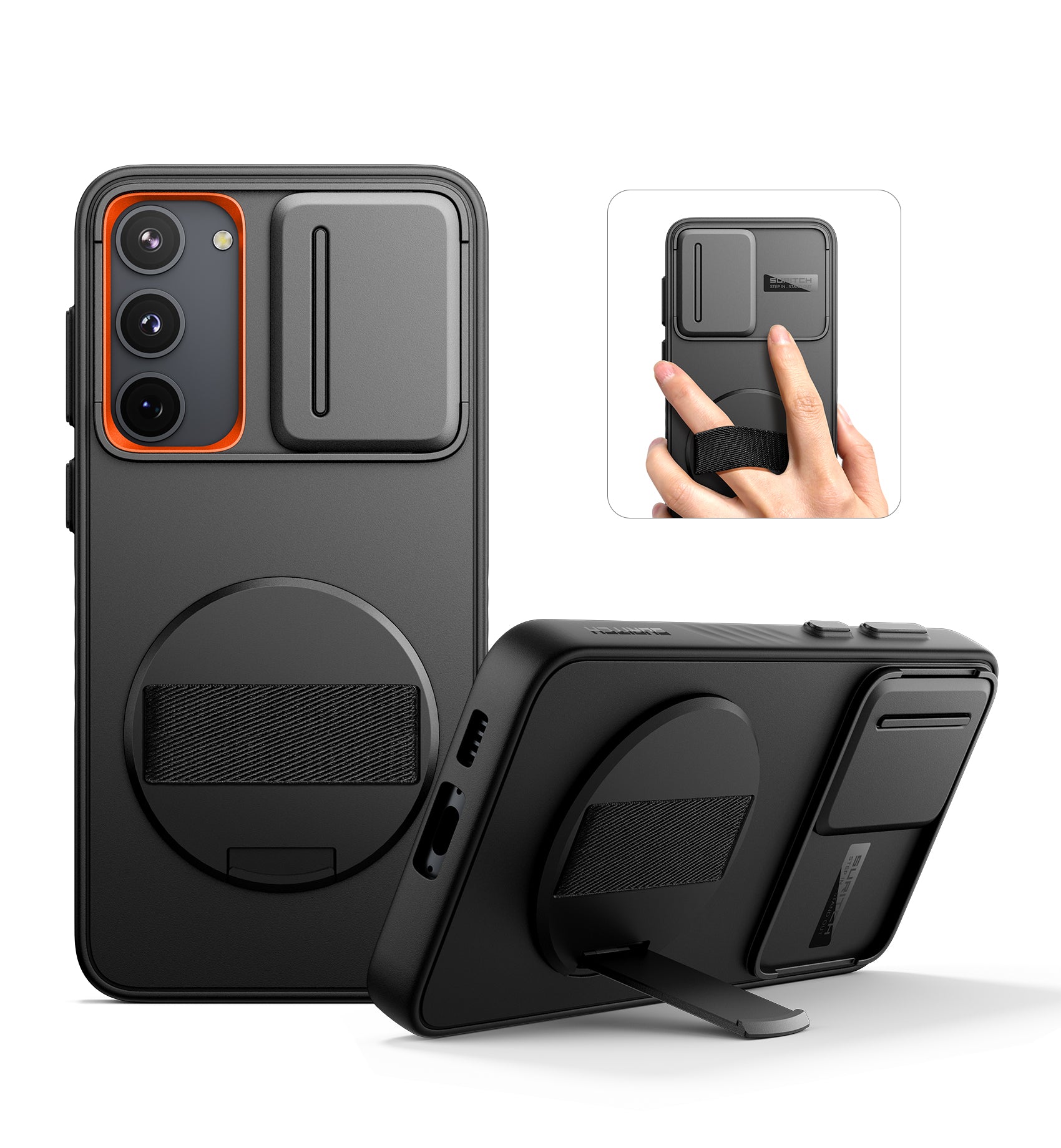 Suritch Case for Samsung Galaxy S23 with 360° Rotatable Hand Strap Phone Grip Invisible Kickstand Slide Camera Cover Rugged Shockproof Protective Cover