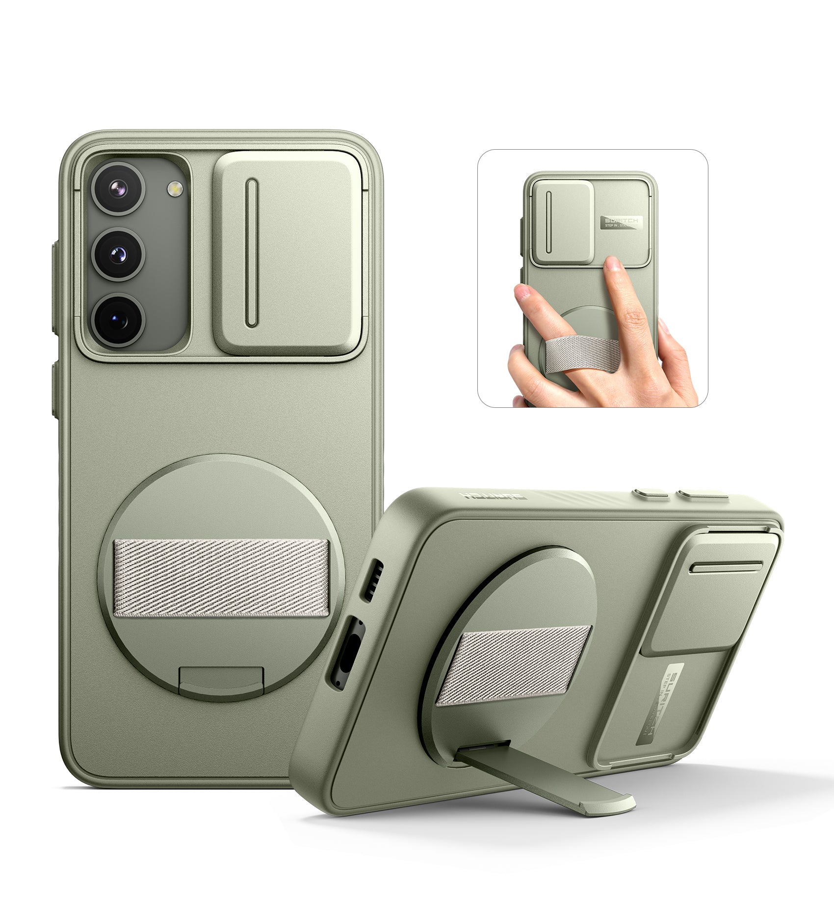 Suritch Case for Samsung Galaxy S23 with 360° Rotatable Hand Strap Phone Grip Invisible Kickstand Slide Camera Cover Rugged Shockproof Protective Cover