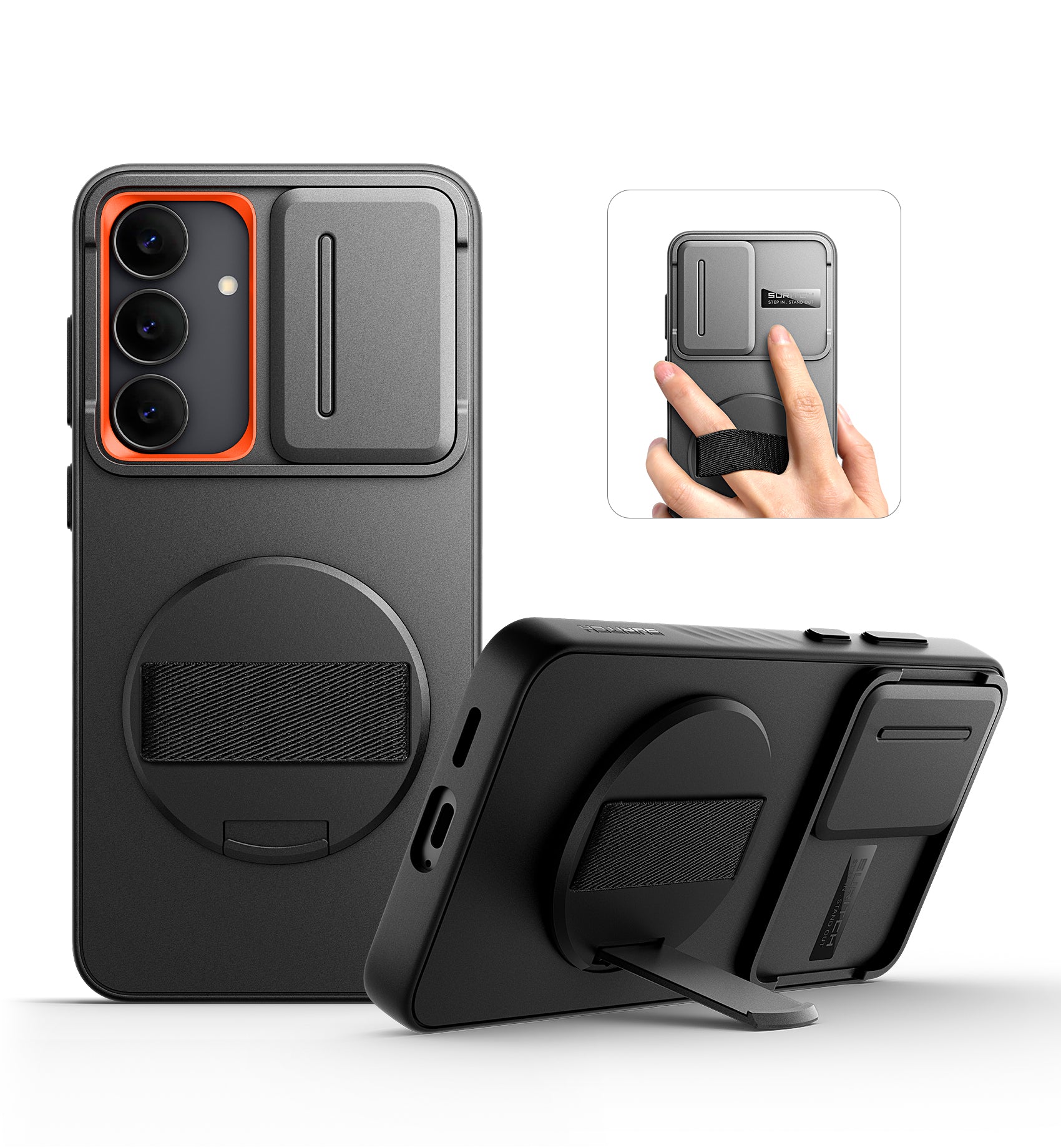 Suritch Case for Samsung Galaxy S25 FE with 360° Rotatable Hand Strap Phone Grip Invisible Kickstand Slide Camera Cover Rugged Shockproof Protective Cover