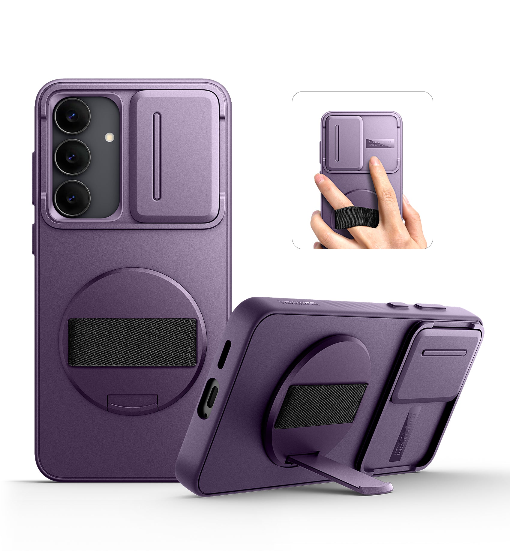 Suritch Case for Samsung Galaxy S25 FE with 360° Rotatable Hand Strap Phone Grip Invisible Kickstand Slide Camera Cover Rugged Shockproof Protective Cover