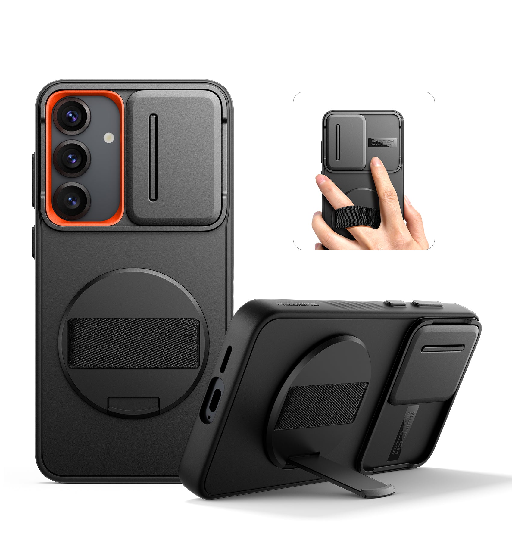 Suritch Case for Samsung Galaxy S25 Plus with 360° Rotatable Hand Strap Phone Grip Invisible Kickstand Slide Camera Cover Rugged Shockproof Protective Cover