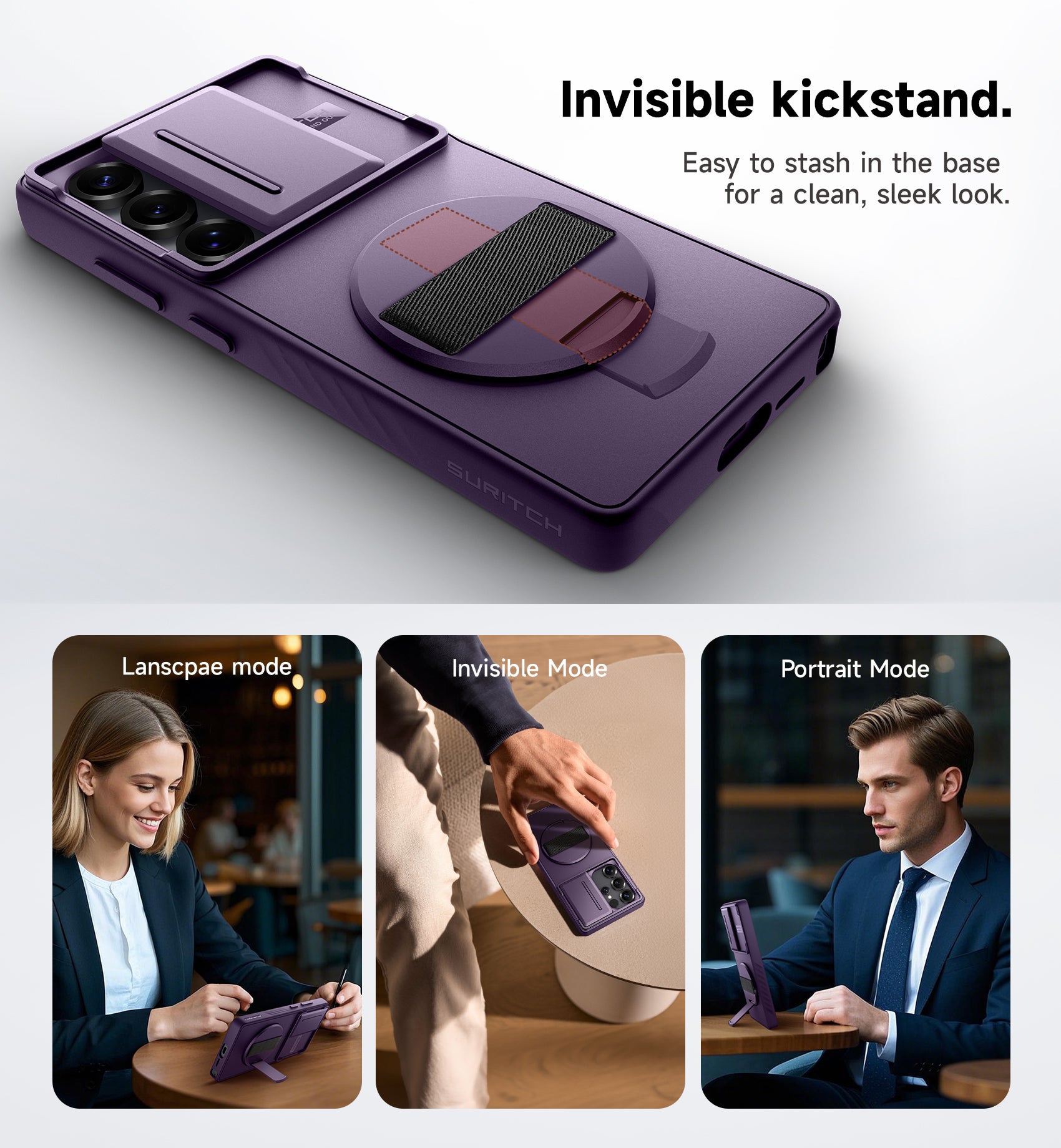 Suritch Case for Samsung Galaxy S25 Ultra with 360° Rotatable Hand Strap Phone Grip Invisible Kickstand Slide Camera Cover Rugged Shockproof Protective Cover