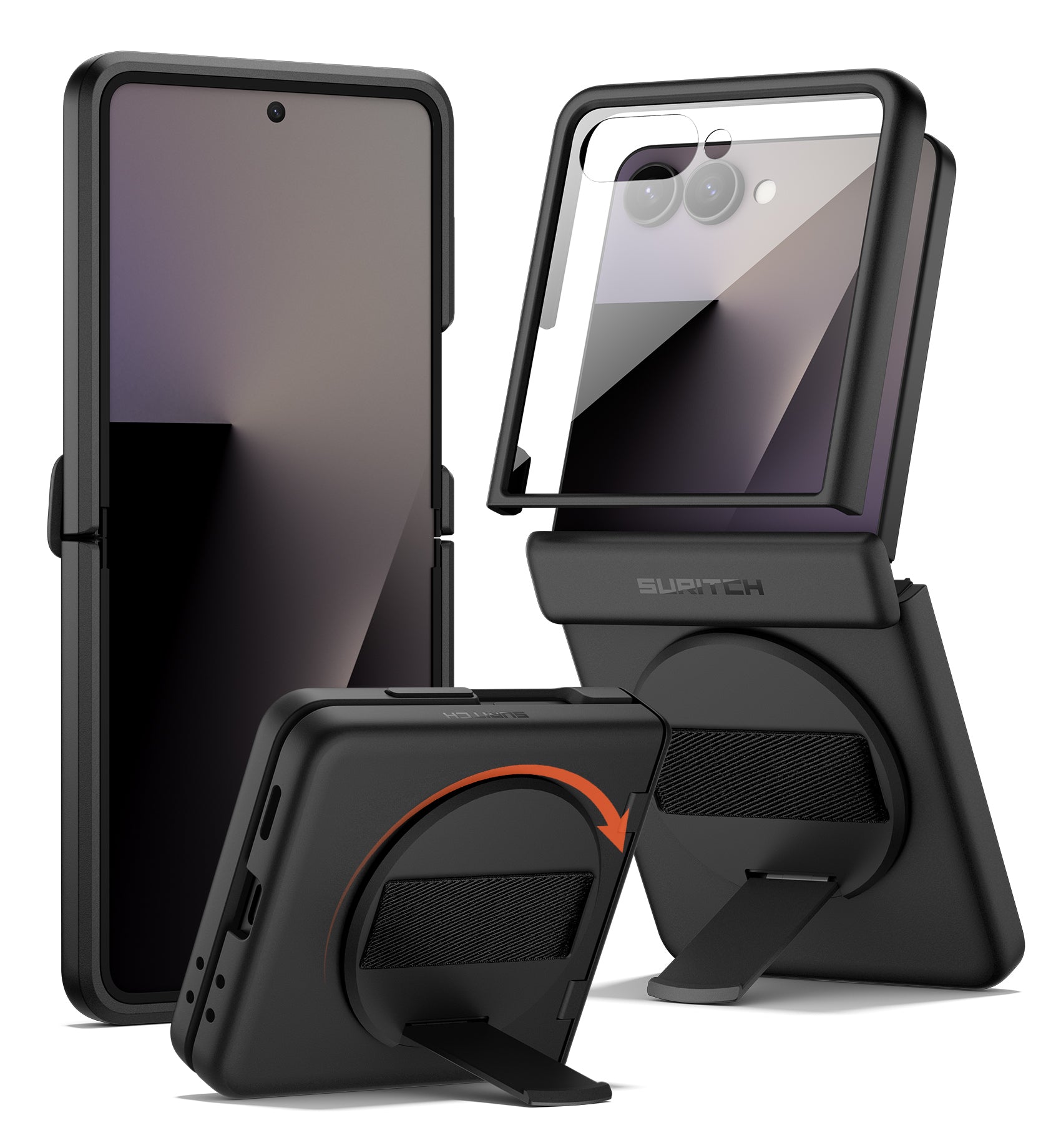 Suritch Case for Samsung Galaxy Z Flip 7 with 360° Rotatable Hand Strap Phone Grip Holder Invisible Kickstand Screen Protector Protective Cover
