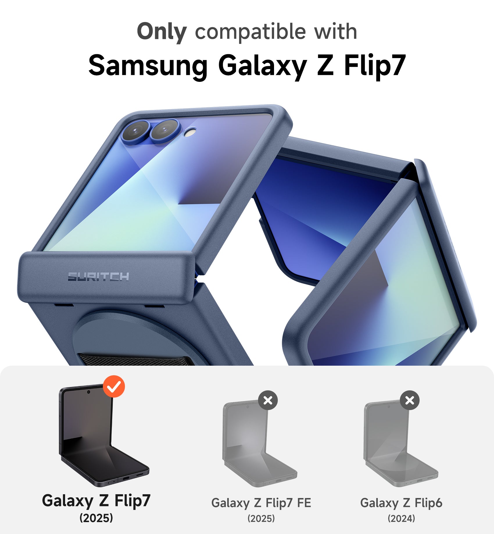 Suritch Case for Samsung Galaxy Z Flip 7 with 360° Rotatable Hand Strap Phone Grip Holder Invisible Kickstand Screen Protector Protective Cover