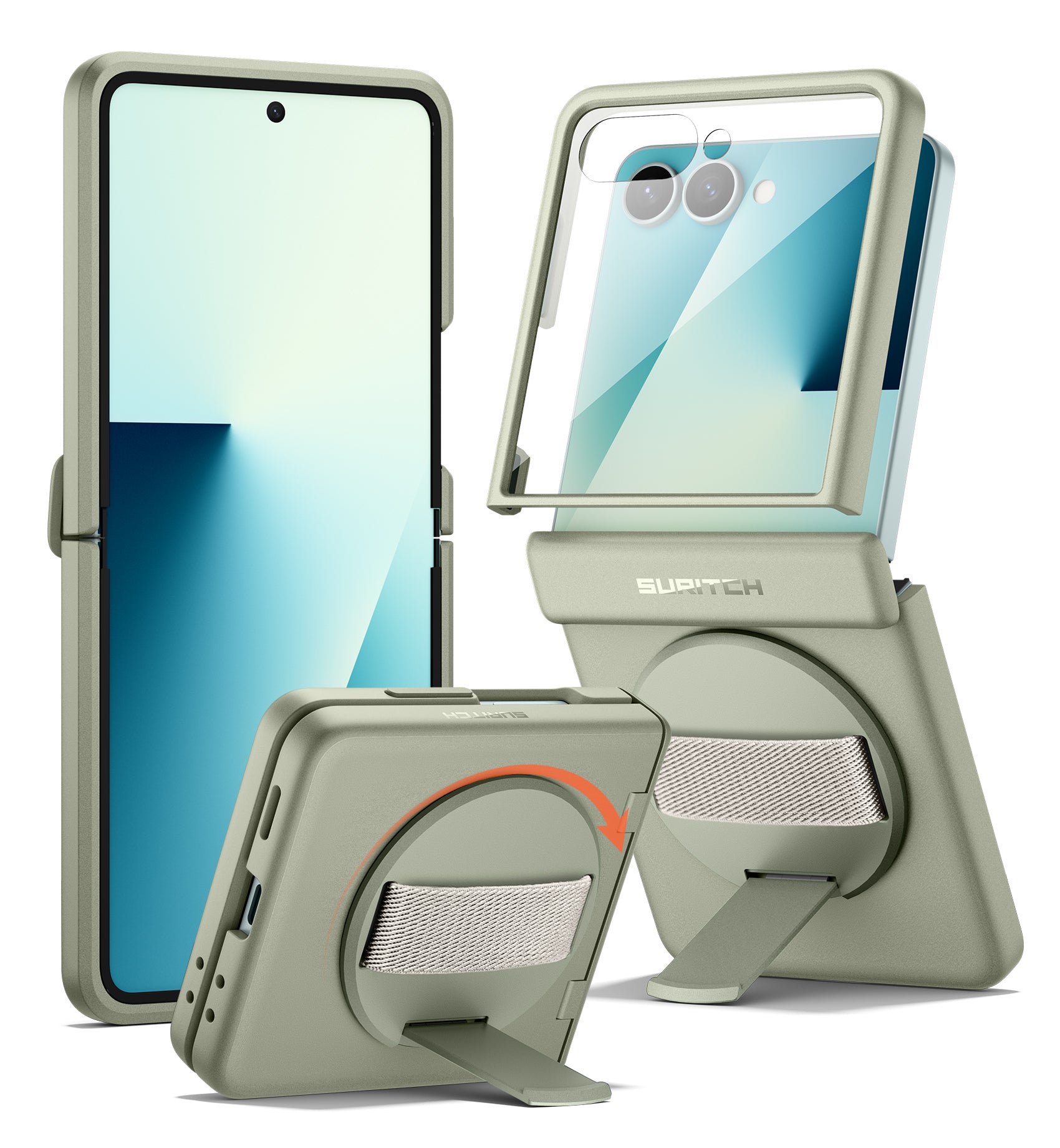 Suritch Case for Samsung Galaxy Z Flip 7 with 360° Rotatable Hand Strap Phone Grip Holder Invisible Kickstand Screen Protector Protective Cover
