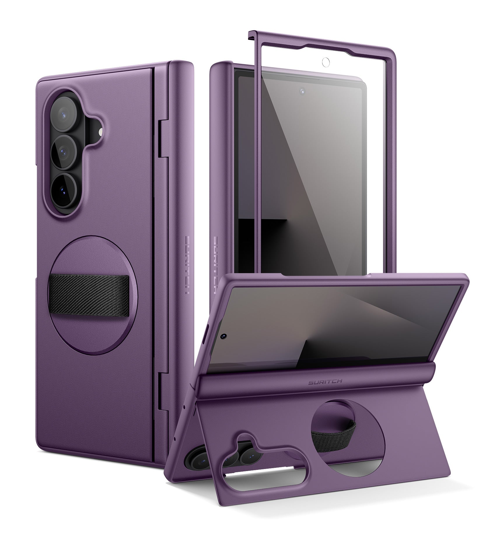 Suritch Case for Samsung Galaxy Z Fold 7 with 360° Rotatable Hand Strap Phone Grip Holder Invisible Kickstand Screen Protector Protective Cover