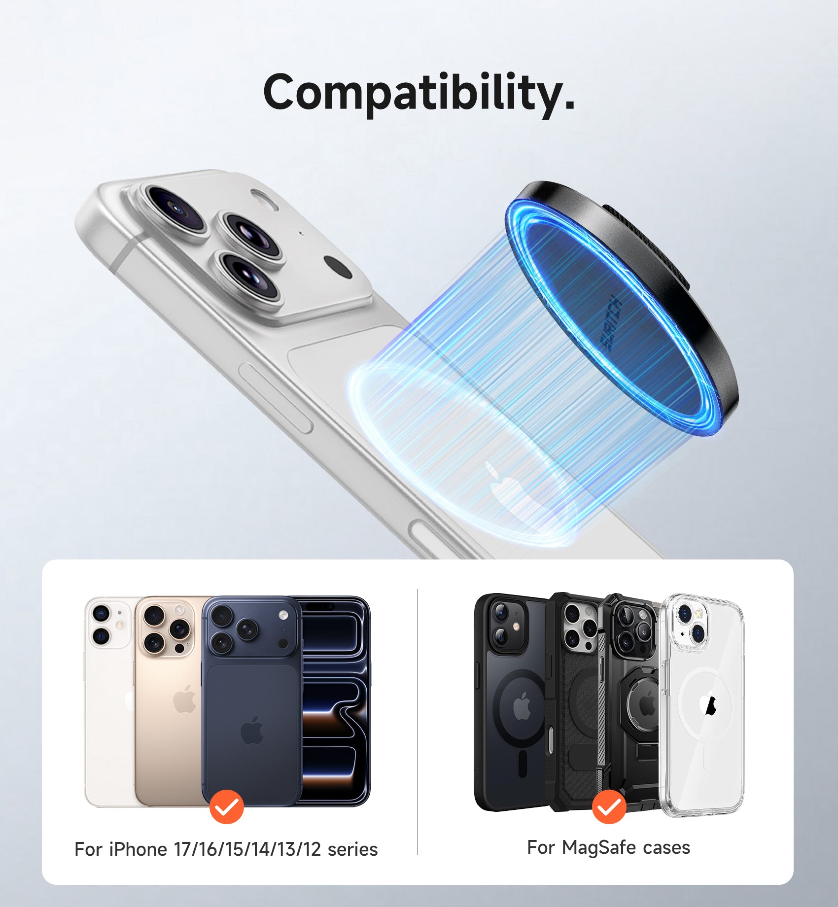 Suritch MagSafe Phone Grip for iPhone 17 16 15 14 13 12 Series MagSafe Cases Magnetic Phone Loop Detachable Magnet Cell Phone Finger Strap