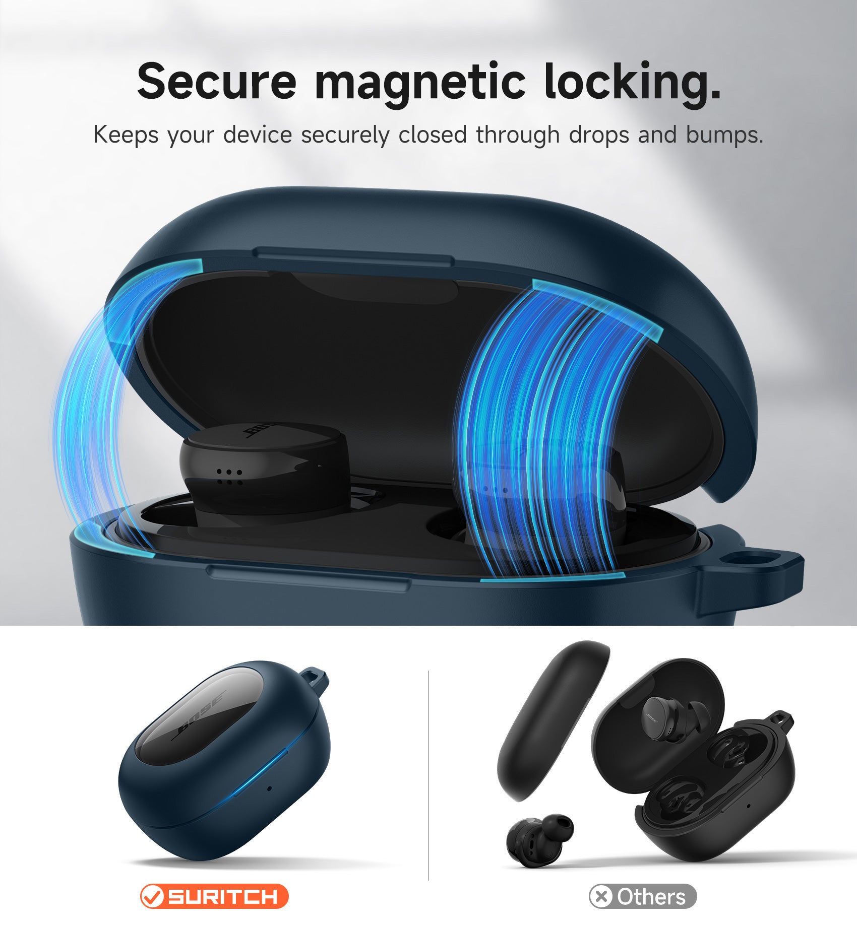 Suritch Magnetic Case for Bose New QuietComfort 2024 Rugged Shockproof Protective Cover with Magnetic Lok Carabiner Cleaning Kit