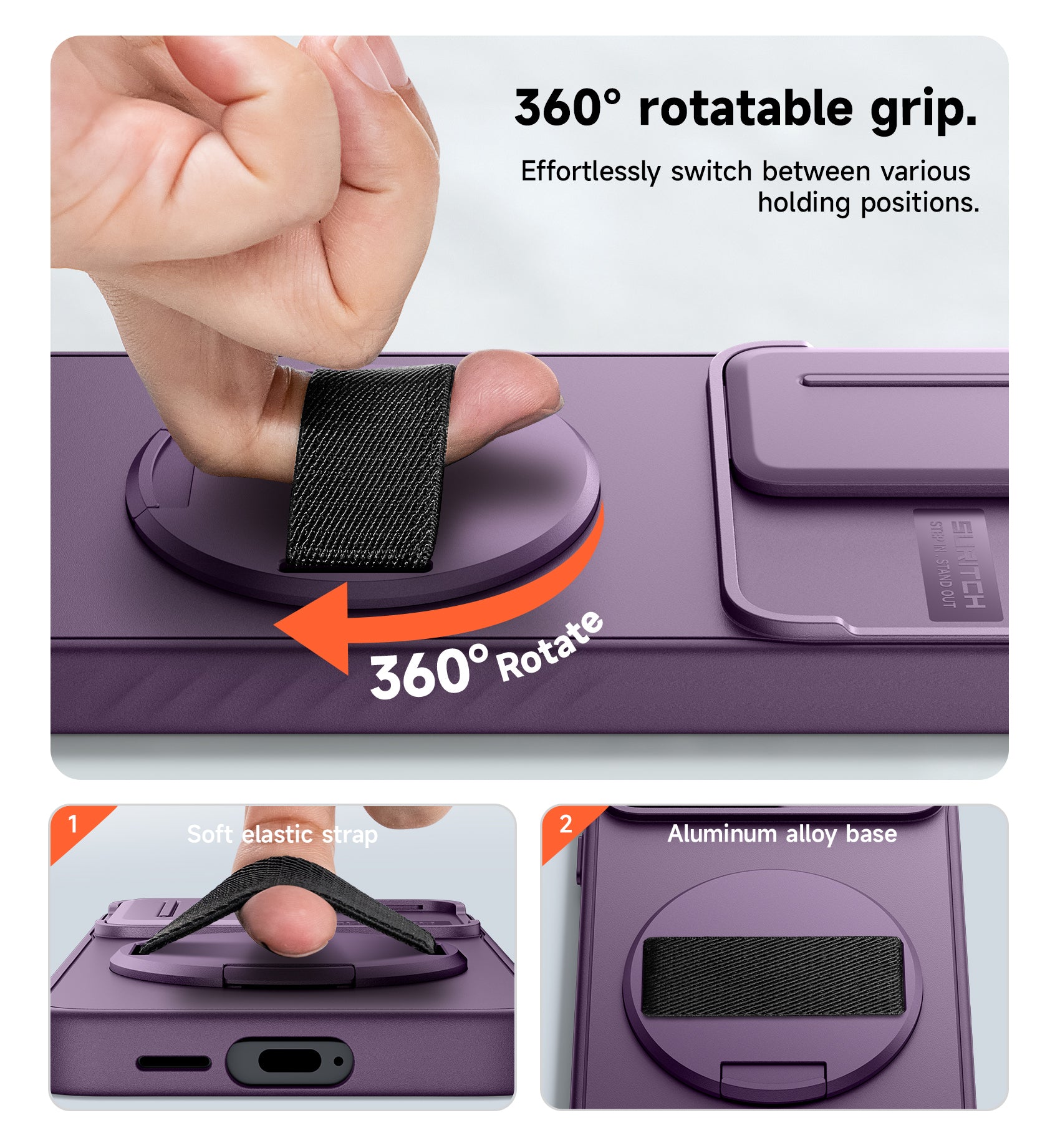 Suritch Case for Samsung Galaxy S25 with 360° Rotatable Hand Strap Phone Grip Invisible Kickstand Slide Camera Cover