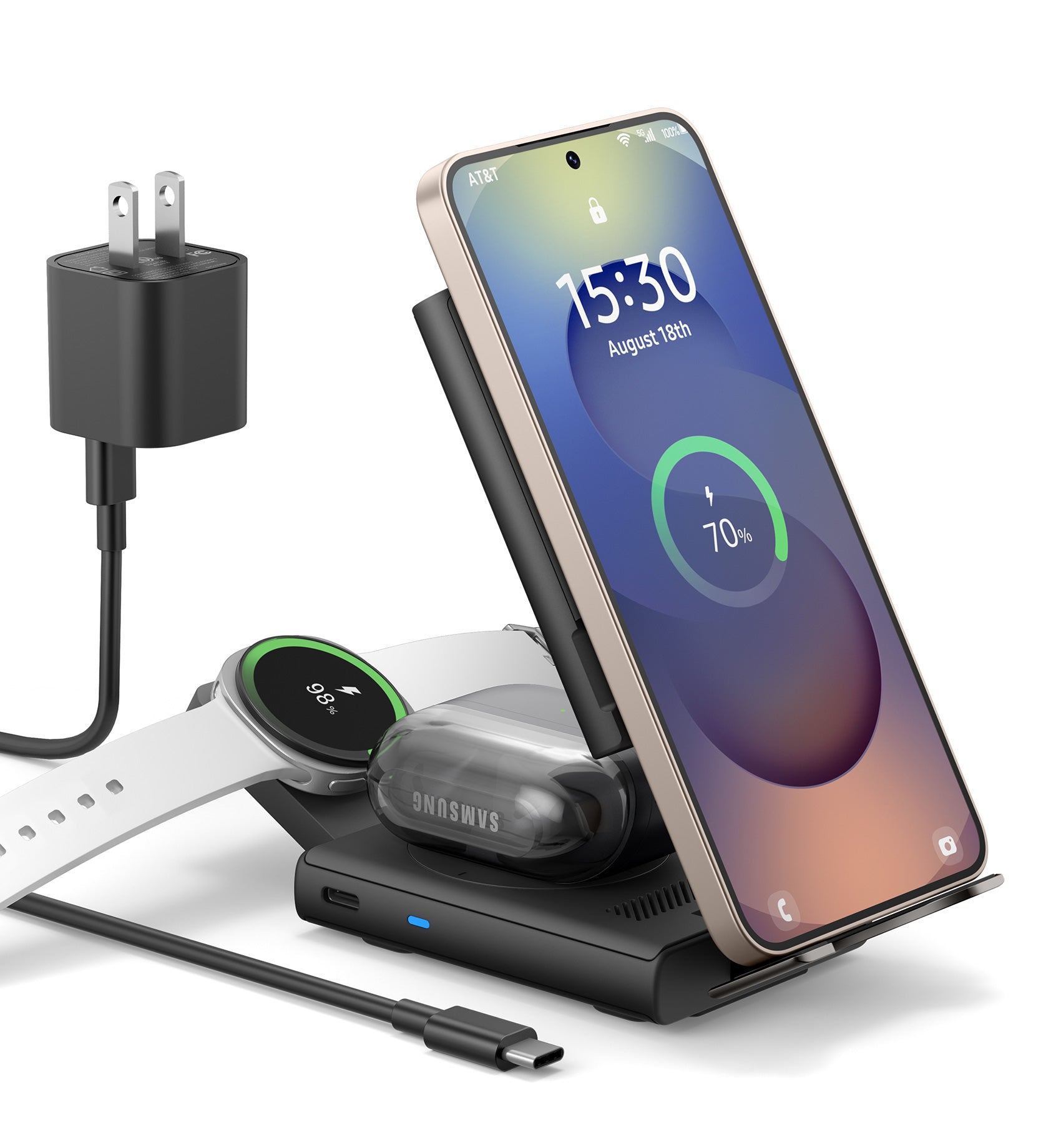Suritch Samsung 3-in-1 Wireless Charging Station 15W Ultra-Compact Chargers Foldable Charging Dock Stand for Galaxy S25 S24 S23 S22 S21 Z Fold/Z Flip Galaxy Watch 8/7/6/5/4/3 Galaxy Buds