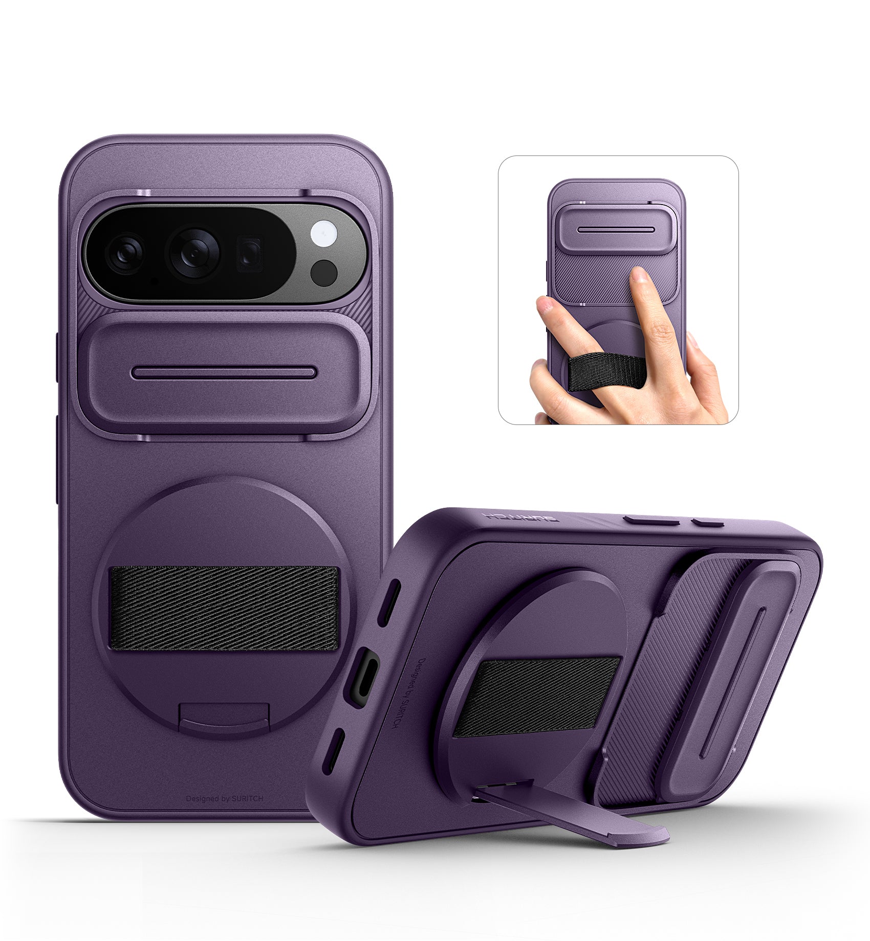 Suritch Case for Google Pixel 10 Pro with 360° Rotatable Hand Strap Phone Grip Holder Invisible Kickstand Slide Camera Cover Protective Cover