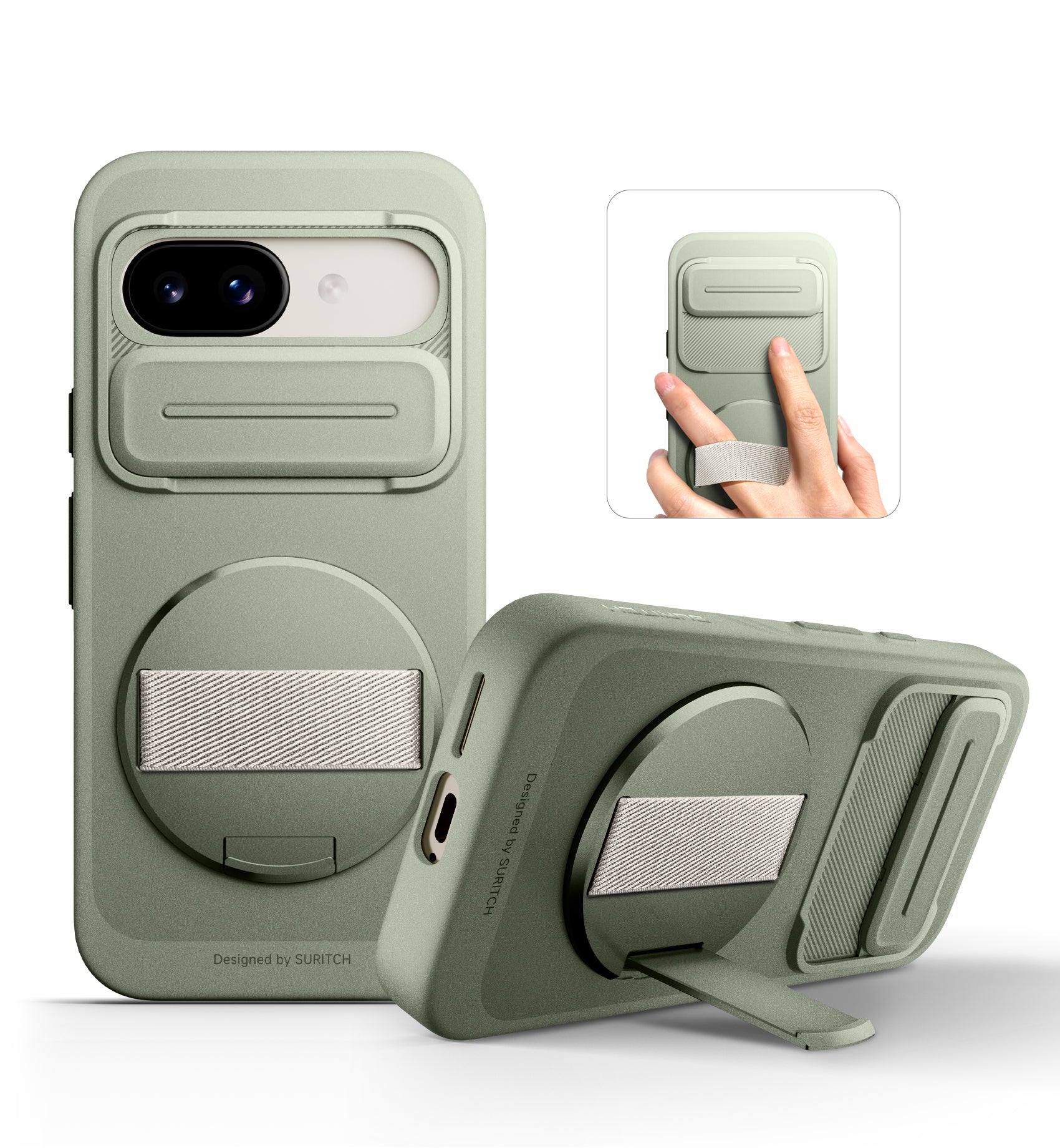 Suritch Case for Google Pixel 9a with 360° Rotatable Hand Strap Phone Grip Holder Invisible Kickstand Slide Camera Cover Slim Rugged Shockproof Protective Cover