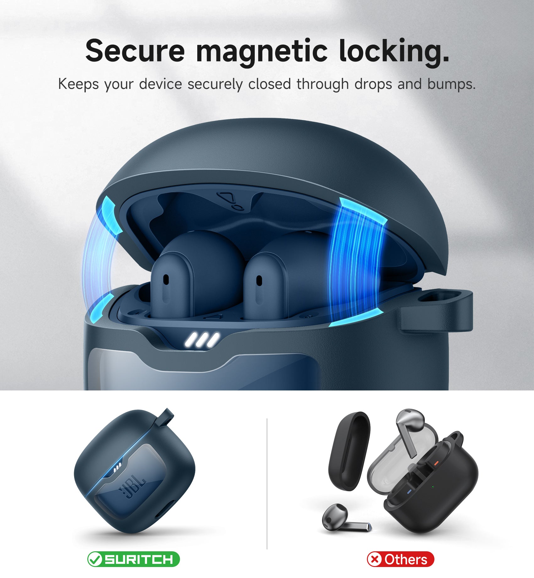 SURITCH Magnetic Bumper Case for JBL Tune Flex Earbuds Rugged Shockproof Protective Covers with Magnetic Lid Lock Carabiner Cleaning Kit Removal Tool