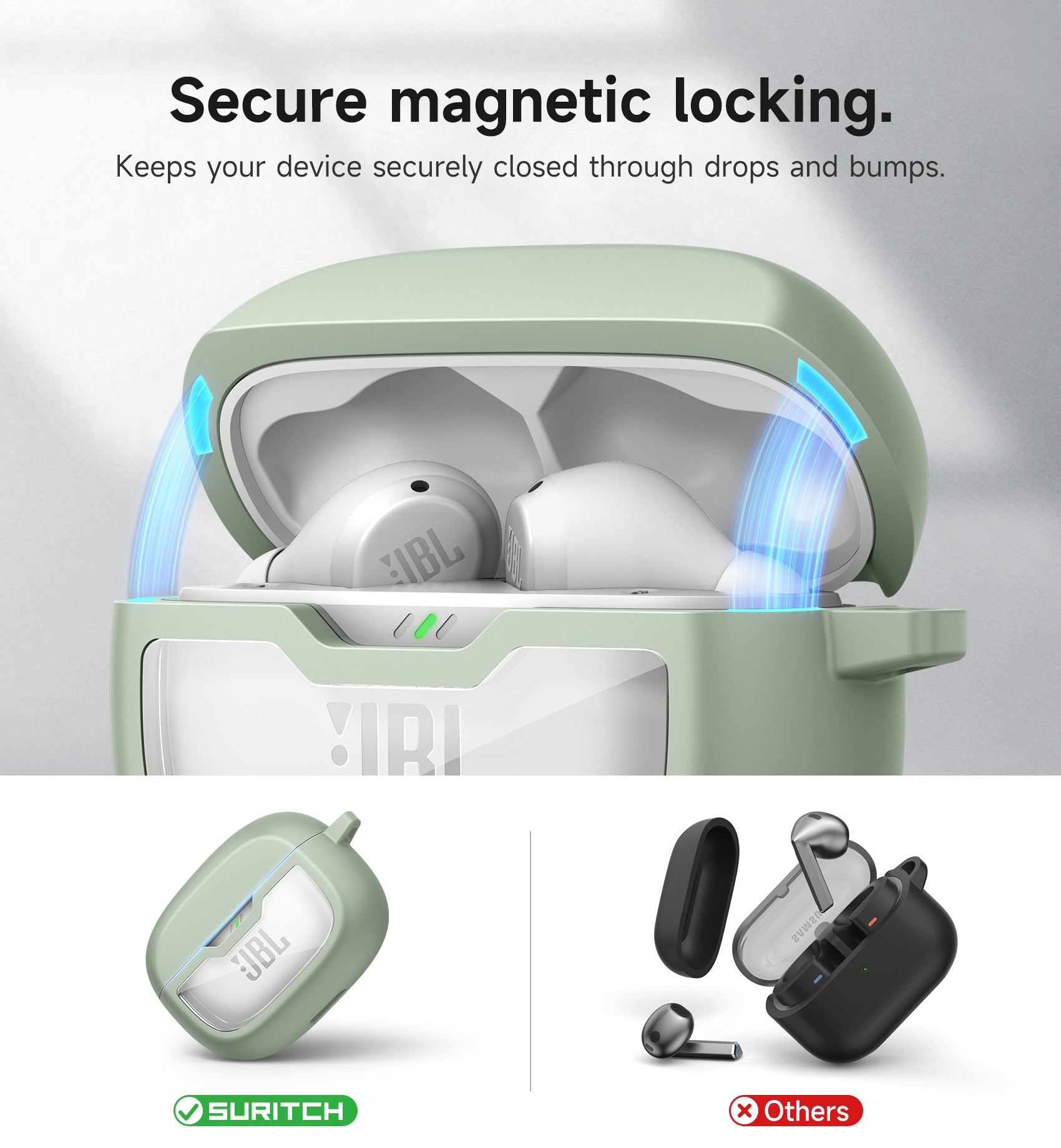 Suritch Case for JBL Vibe 200TWS Earbuds Shockproof Magnetic Protective Headphone Cover Rugged Bumper with Carabiner Cleaning Kit Removal Tool