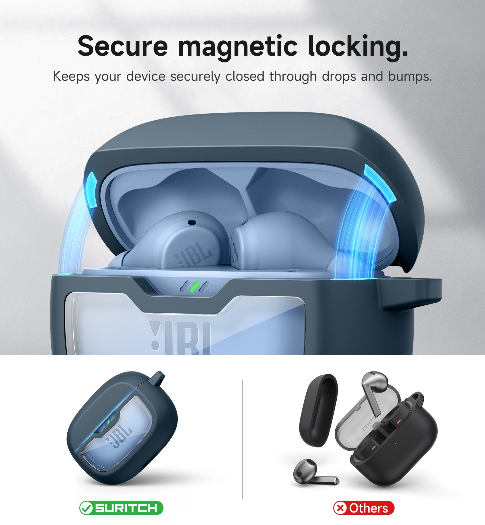 Suritch Case for JBL Vibe Beam 2nd Gen Earbuds Shockproof Magnetic Protective Headphone Cover Rugged Bumper with Carabiner Cleaning Kit Removal Tool
