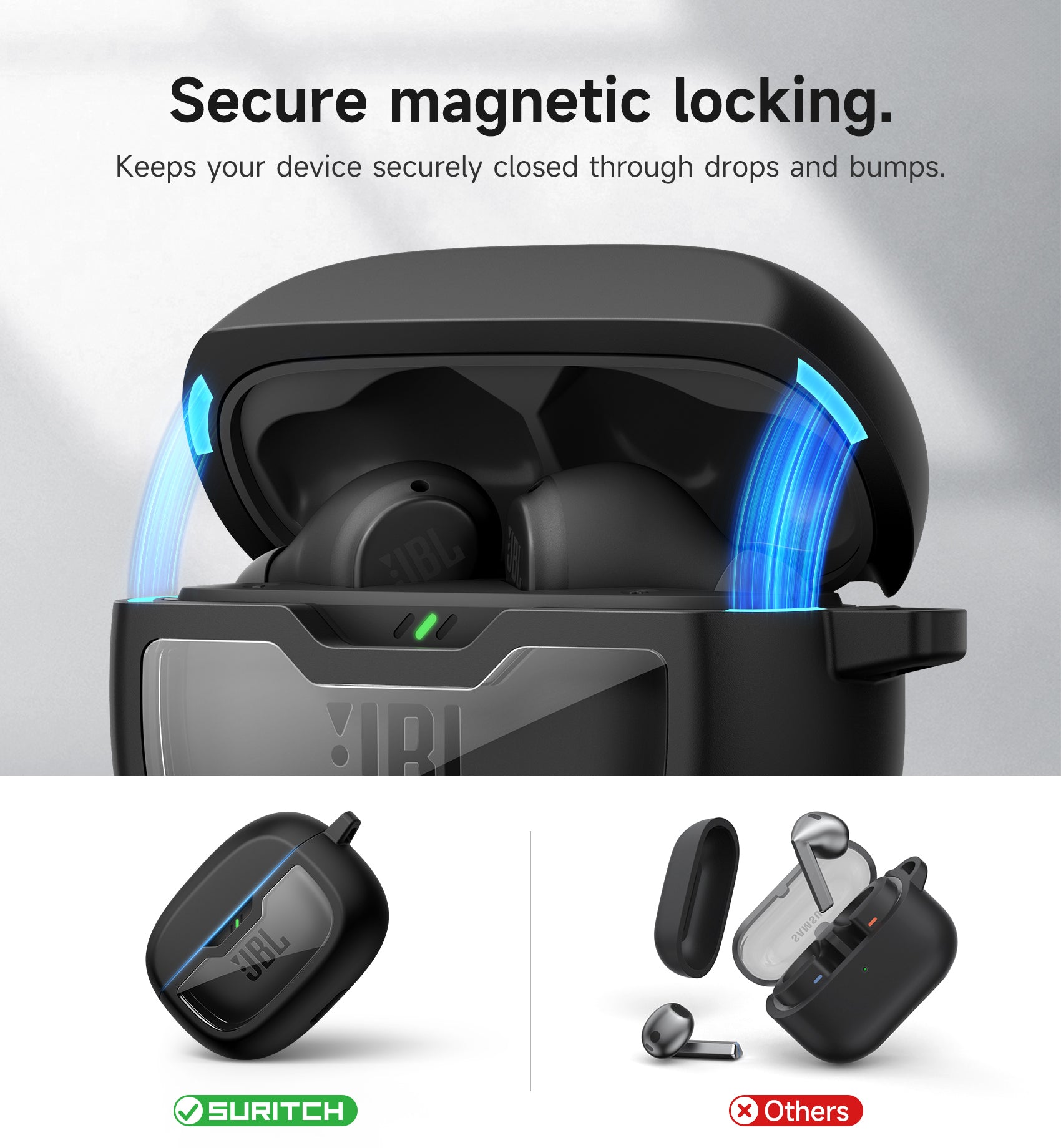 Suritch Case for JBL Vibe Beam Earbuds Shockproof Magnetic Protective Headphone Cover Rugged Bumper with Carabiner Cleaning Kit Removal Tool