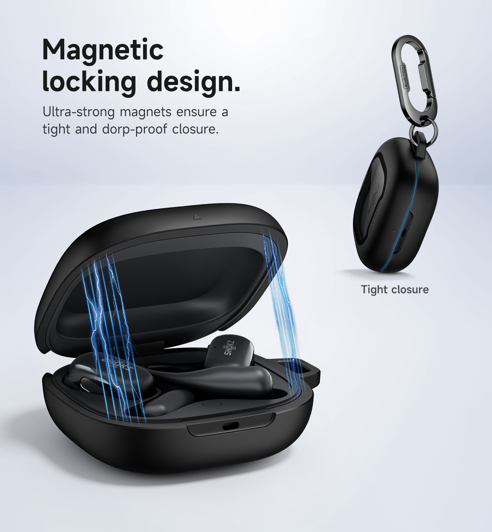 Suritch Case for SHOKZ OpenFit 2 Magnetic Locking Shockproof Bumper Protective Cover with Carabiner Keyring Cleaner Kit