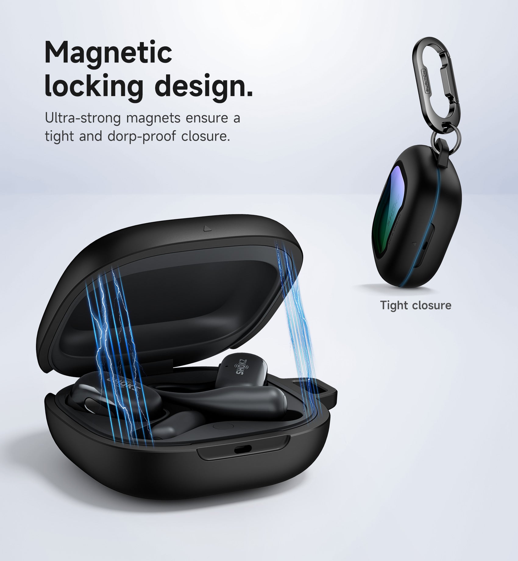 Suritch Case for SHOKZ OpenFit 2 Magnetic Locking Shockproof Bumper Protective Cover with Carabiner Keyring Cleaner Kit