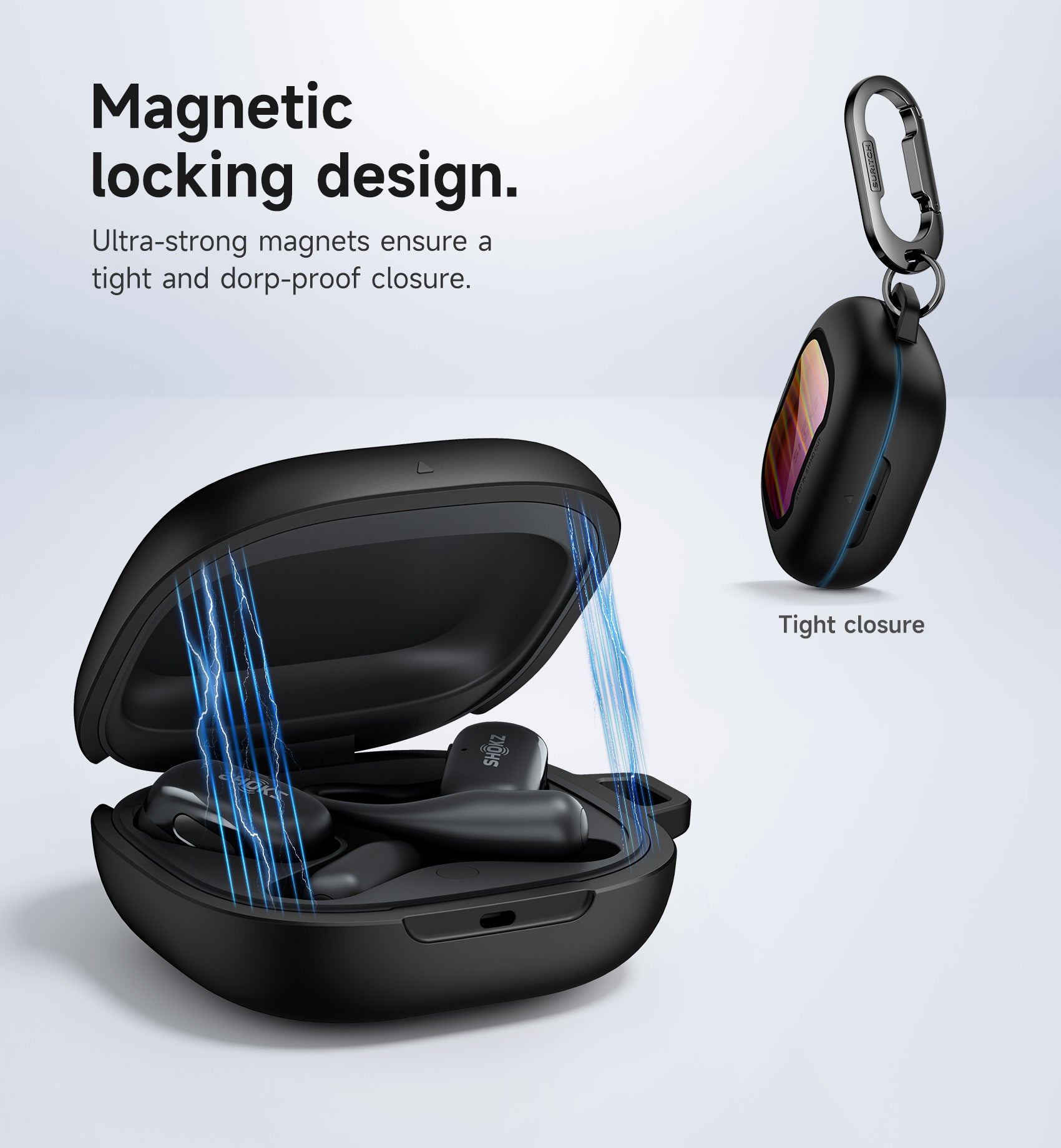 Suritch Case for SHOKZ OpenFit 2 Magnetic Locking Shockproof Bumper Protective Cover with Carabiner Keyring Cleaner Kit