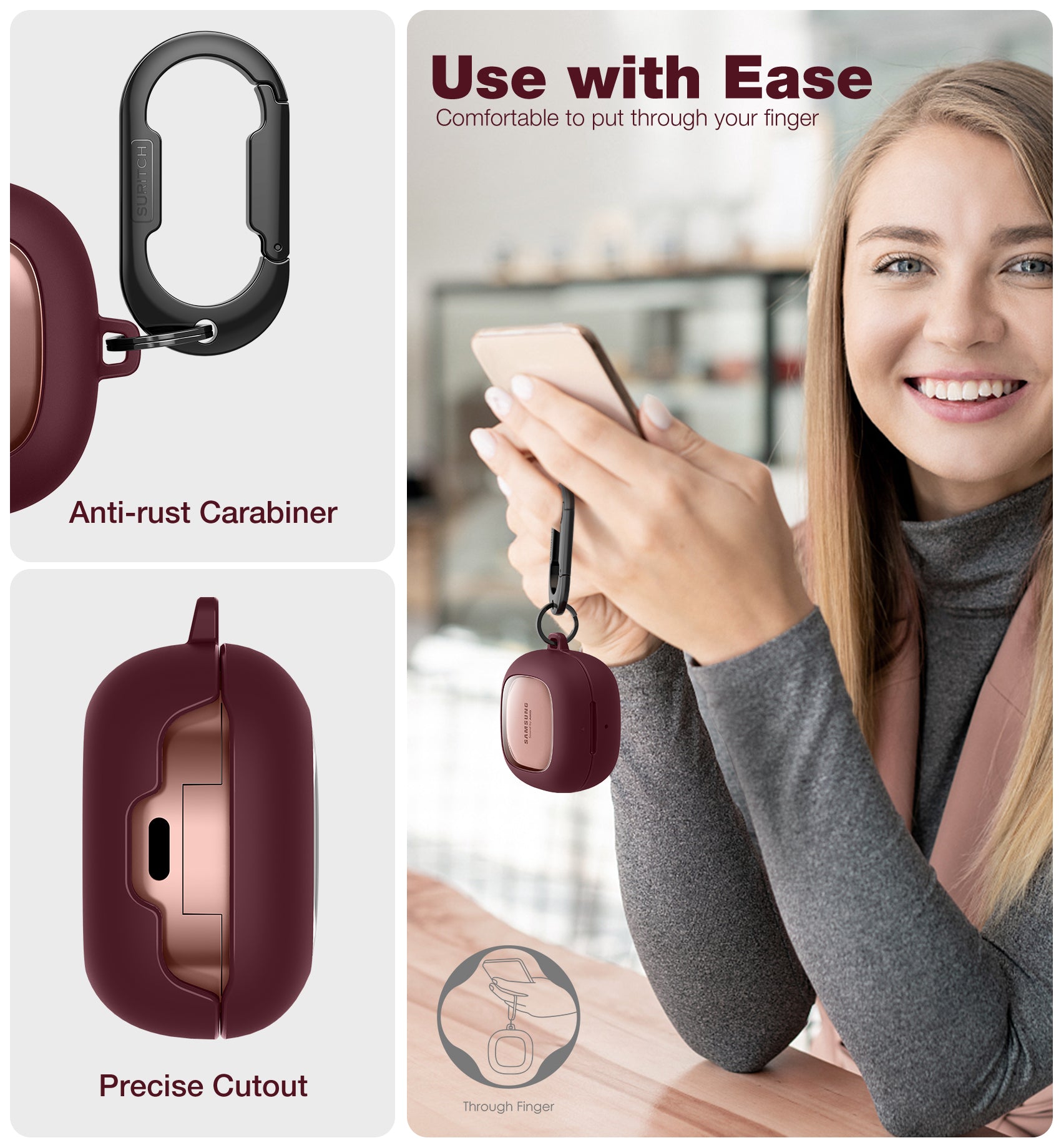 Suritch Case for Samsung Galaxy Buds 2 Pro Shockproof Sturdy Protective Cover with Heavy-Duty Carabiner