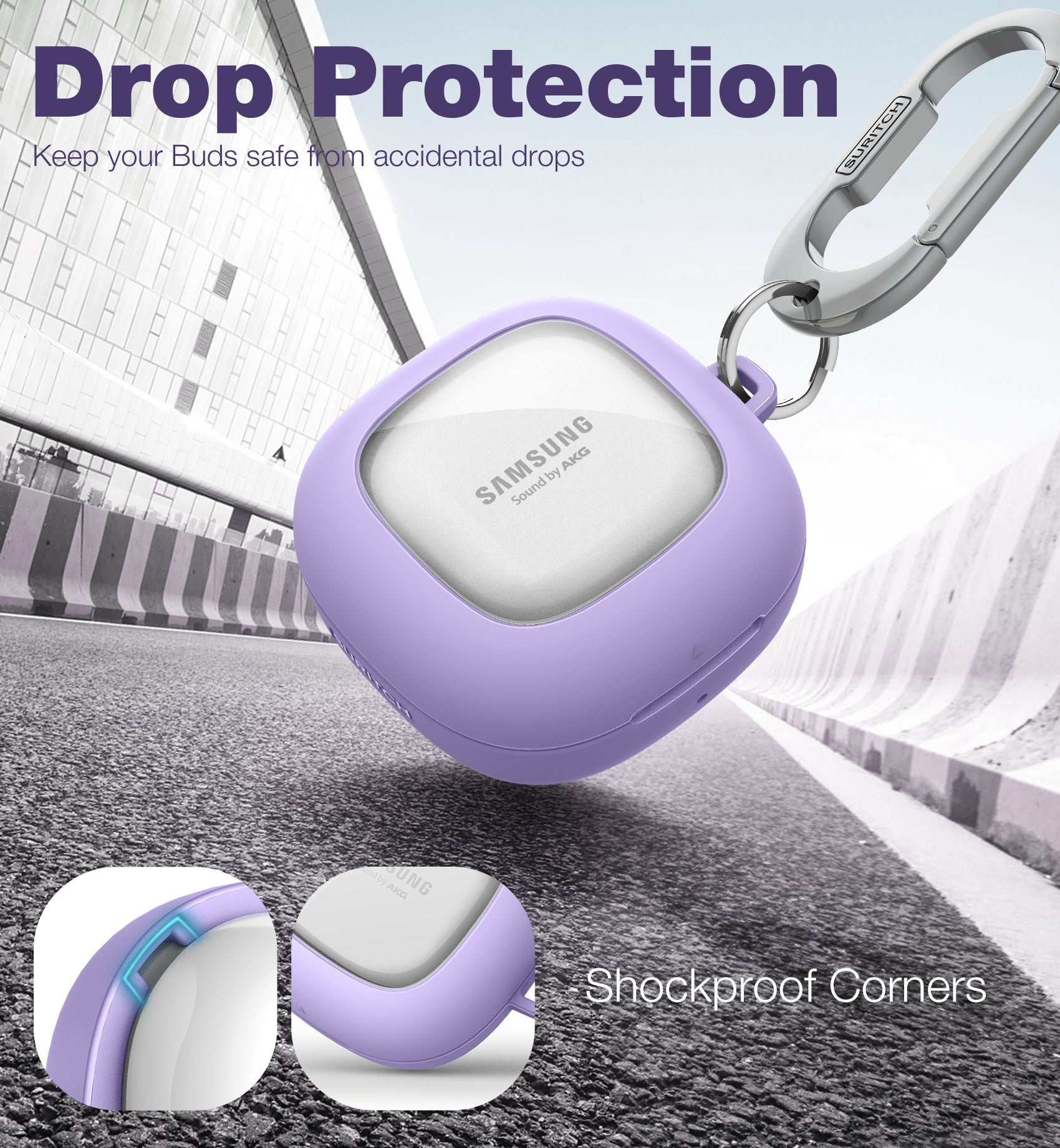 Suritch Case for Samsung Galaxy Buds 2nd Gen Shockproof Sturdy Protective Cover with Heavy-Duty Carabiner