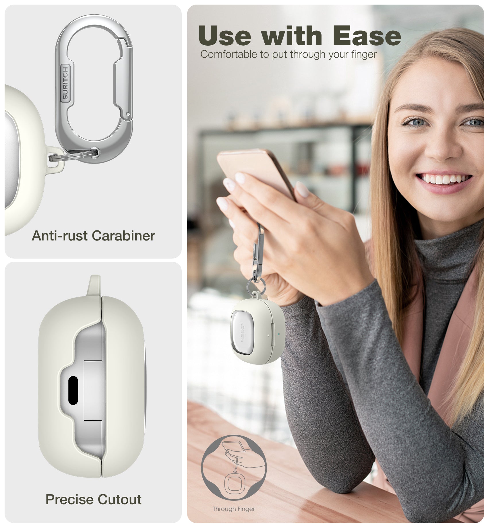 Suritch Case for Samsung Galaxy Buds FE Shockproof Sturdy Protective Cover with Heavy-Duty Carabiner
