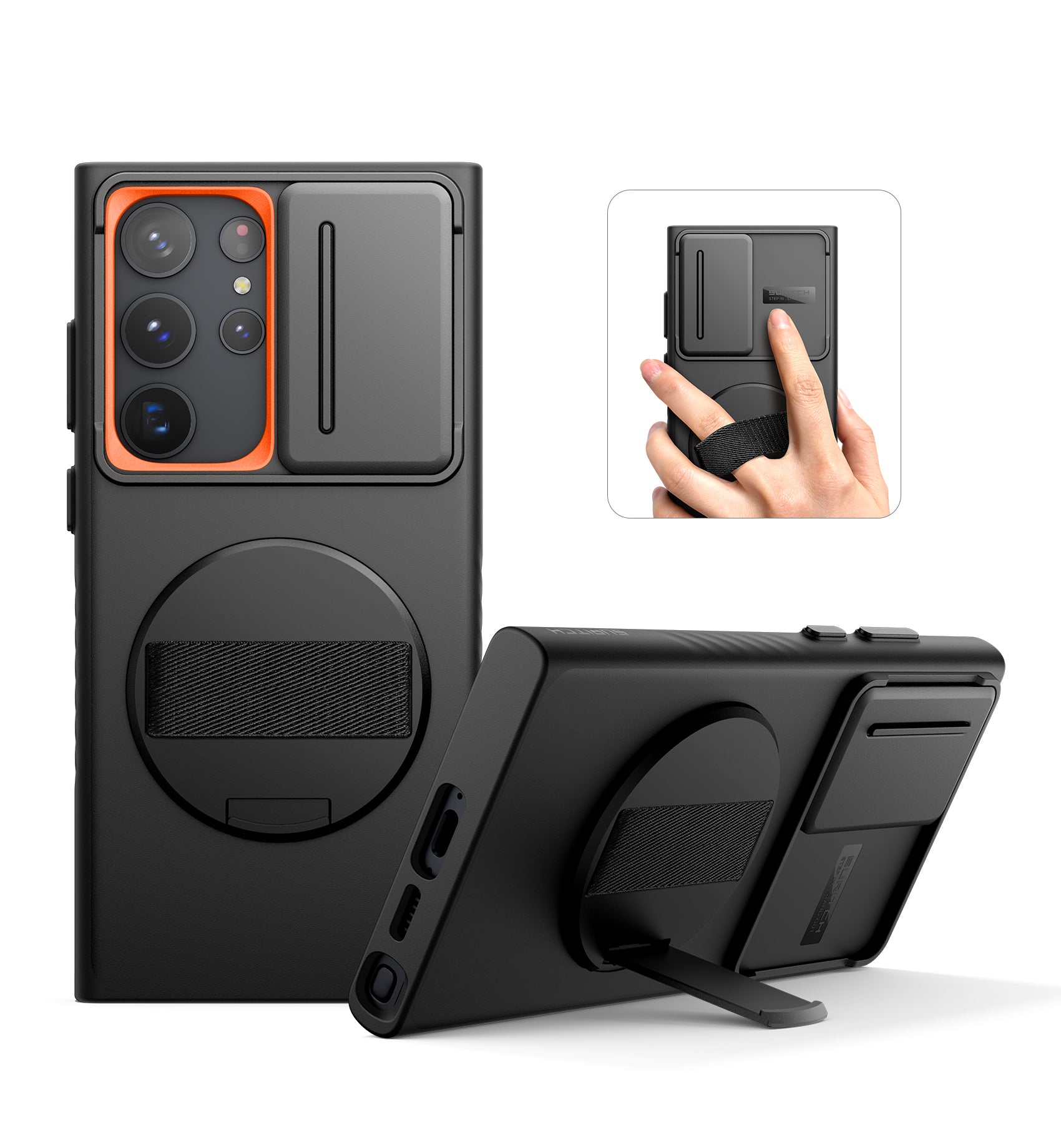 Suritch Case for Samsung Galaxy S23 Ultra with 360° Rotatable Hand Strap Phone Grip Invisible Kickstand Slide Camera Cover Rugged Shockproof Protective Cover