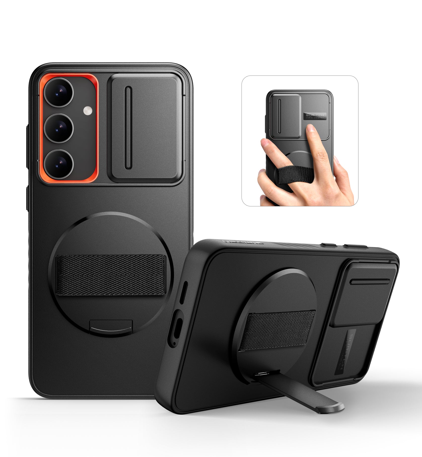 Suritch Case for Samsung Galaxy S24 Case with 360° Rotatable Hand Strap Phone Grip Invisible Kickstand Slide Camera Cover Rugged Shockproof Protective Cover