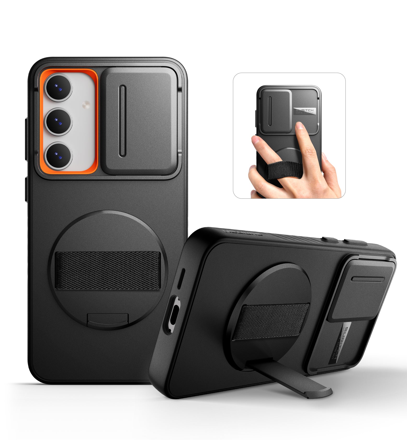 Suritch Case for Samsung Galaxy S24 FE with 360° Rotatable Hand Strap Phone Grip Invisible Kickstand Slide Camera Cover Rugged Shockproof Protective Cover