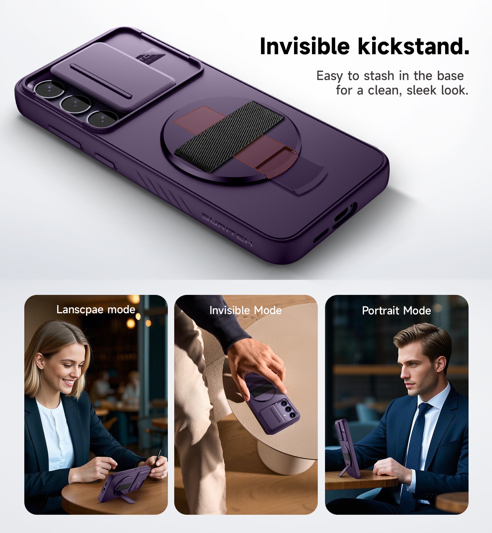 Suritch Case for Samsung Galaxy S24 Plus with 360° Rotatable Hand Strap Phone Grip Invisible Kickstand Slide Camera Cover Rugged Shockproof Protective Cover