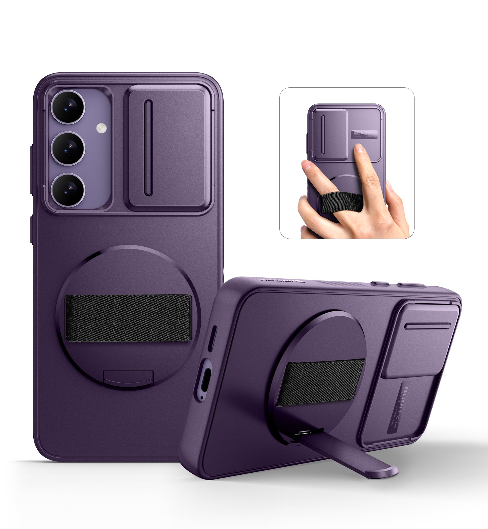 Suritch Case for Samsung Galaxy S24 Case with 360° Rotatable Hand Strap Phone Grip Invisible Kickstand Slide Camera Cover Rugged Shockproof Protective Cover