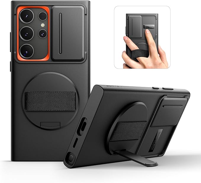 Suritch Case for Samsung Galaxy S24 Ultra with 360° Rotatable Hand Strap Phone Grip Invisible Kickstand Slide Camera Cover Rugged Shockproof Protective Cover