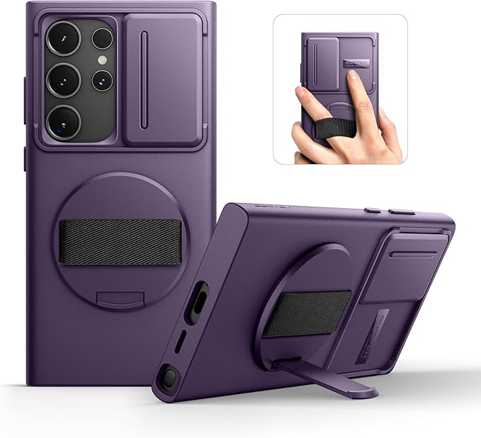 Suritch Case for Samsung Galaxy S24 Ultra with 360° Rotatable Hand Strap Phone Grip Invisible Kickstand Slide Camera Cover Rugged Shockproof Protective Cover