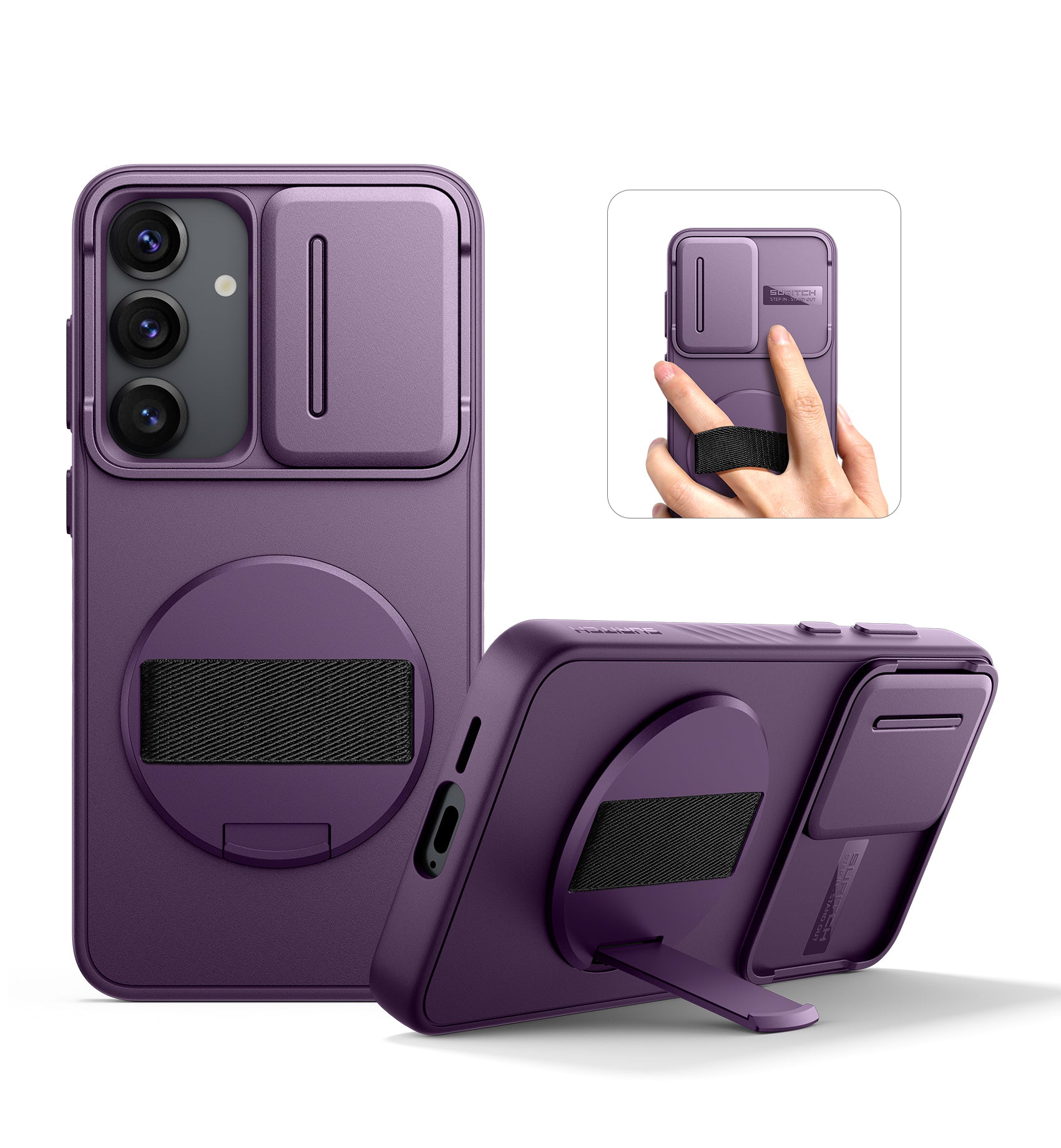 Suritch Case for Samsung Galaxy S25 Plus with 360° Rotatable Hand Strap Phone Grip Invisible Kickstand Slide Camera Cover Rugged Shockproof Protective Cover