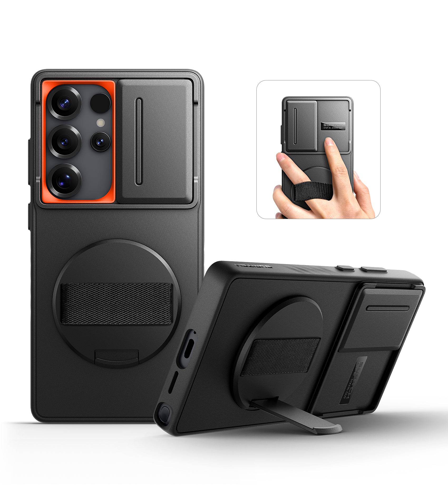 Suritch Case for Samsung Galaxy S25 Ultra with 360° Rotatable Hand Strap Phone Grip Invisible Kickstand Slide Camera Cover Rugged Shockproof Protective Cover