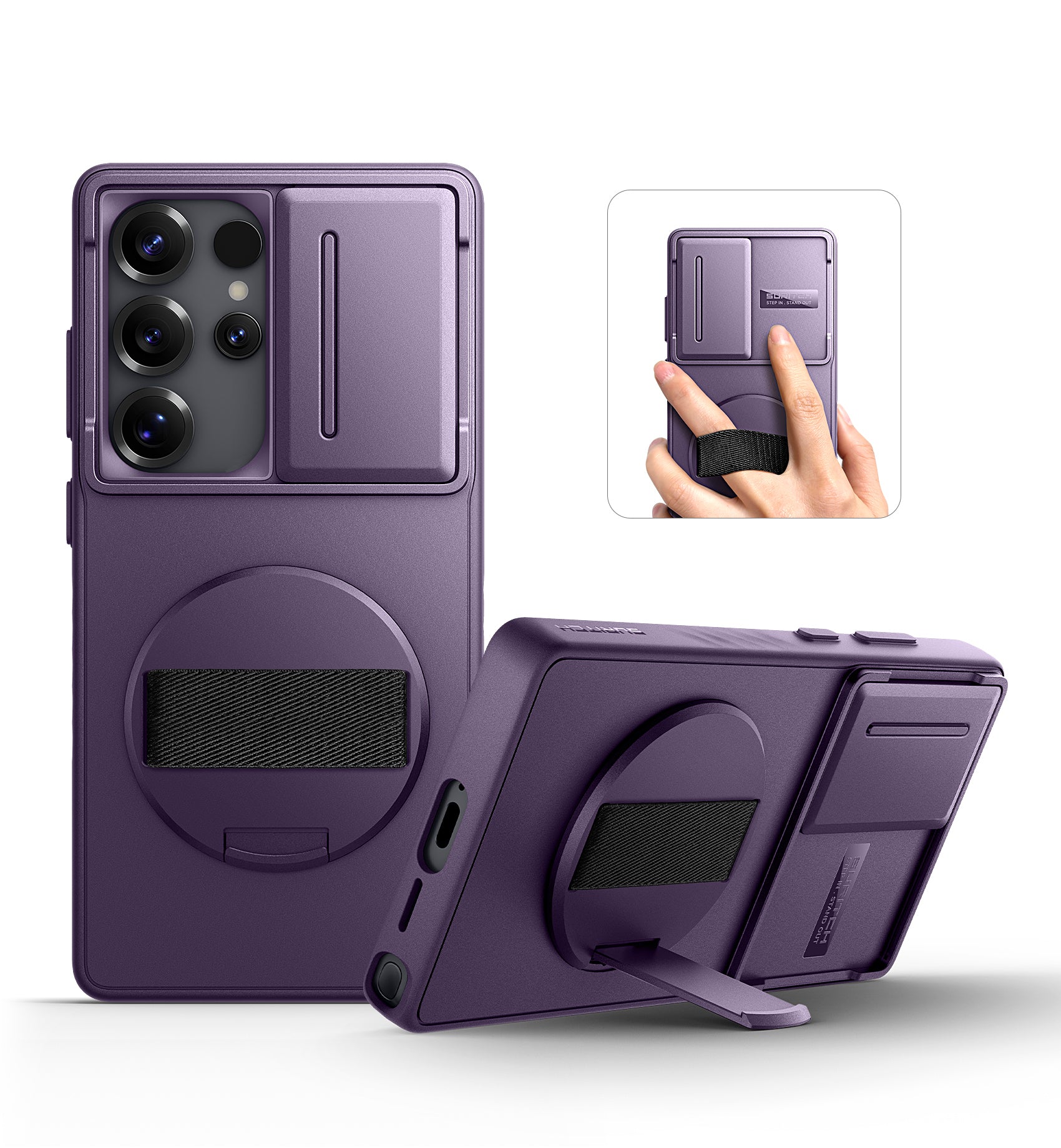Suritch Case for Samsung Galaxy S25 Ultra with 360° Rotatable Hand Strap Phone Grip Invisible Kickstand Slide Camera Cover Rugged Shockproof Protective Cover