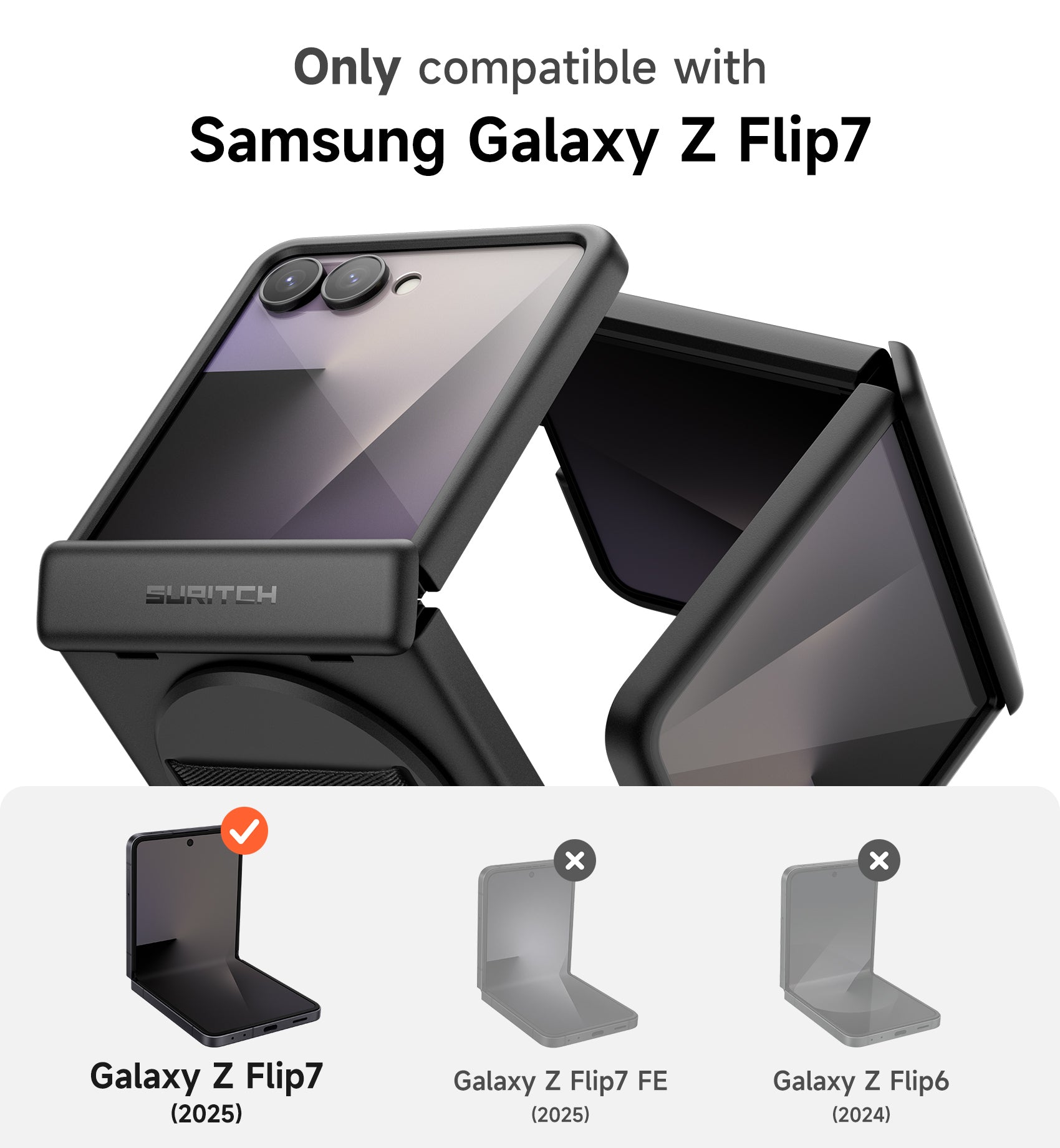 Suritch Case for Samsung Galaxy Z Flip 7 with 360° Rotatable Hand Strap Phone Grip Holder Invisible Kickstand Screen Protector Protective Cover