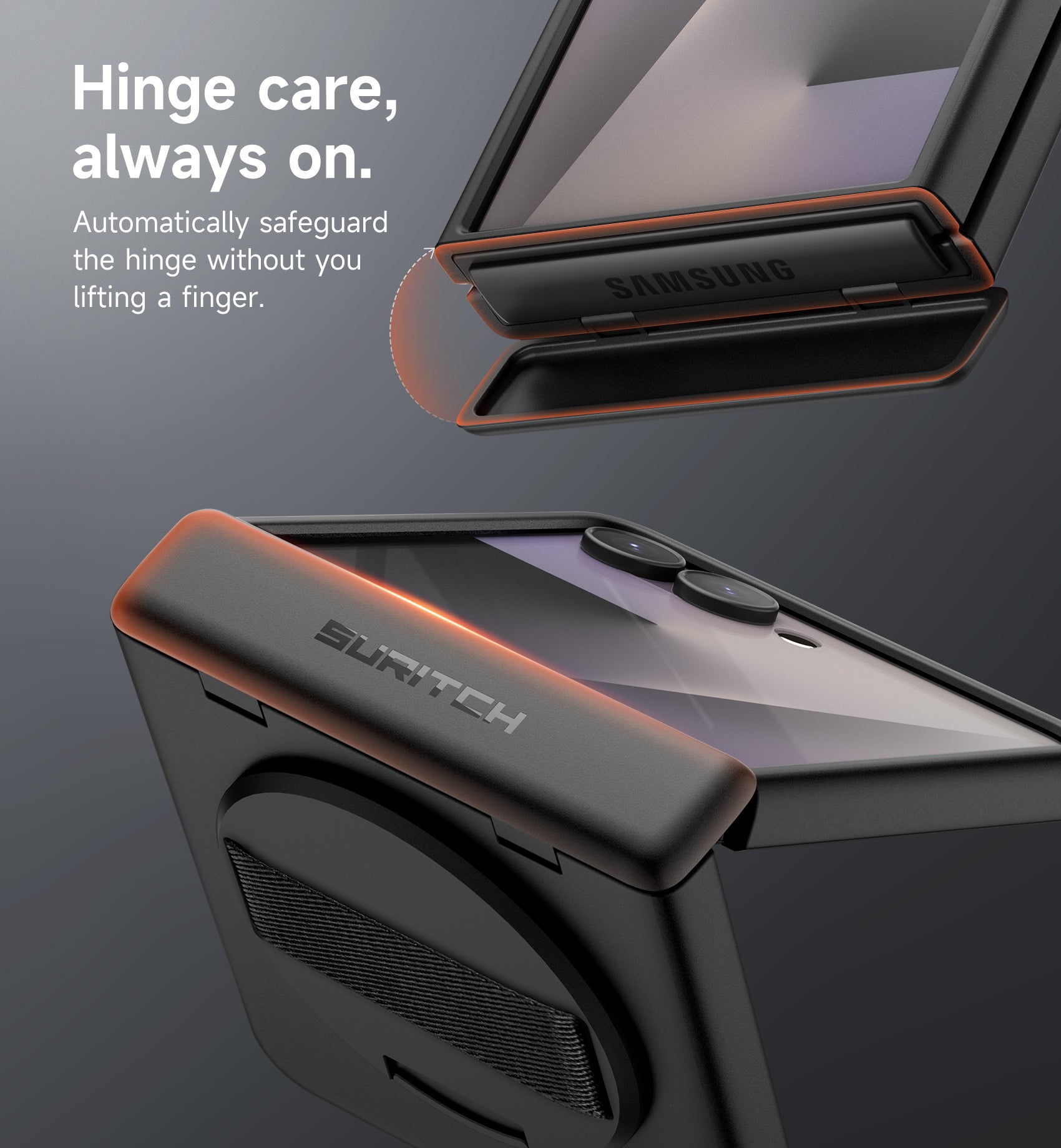 Suritch Case for Samsung Galaxy Z Flip 7 with 360° Rotatable Hand Strap Phone Grip Holder Invisible Kickstand Screen Protector Protective Cover