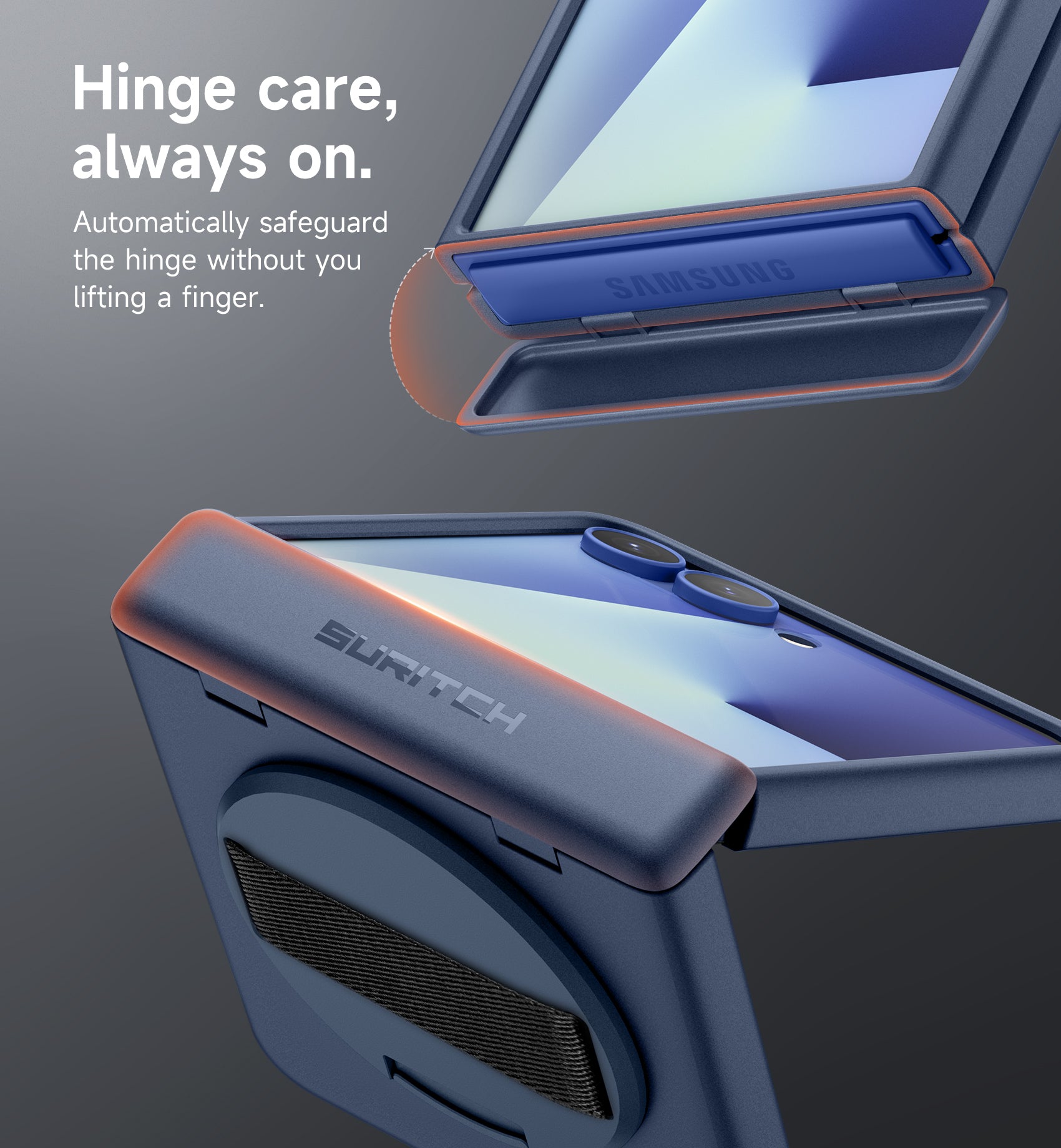 Suritch Case for Samsung Galaxy Z Flip 7 with 360° Rotatable Hand Strap Phone Grip Holder Invisible Kickstand Screen Protector Protective Cover