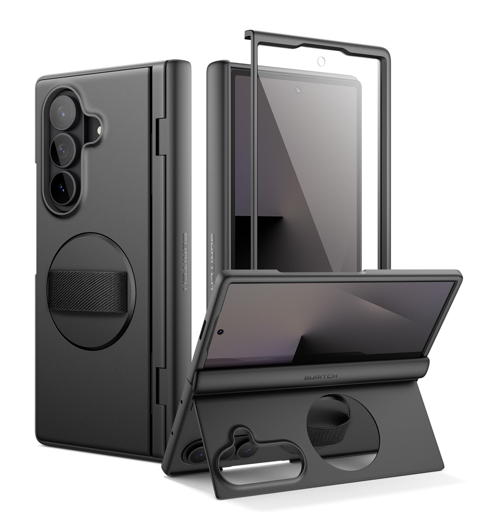 Suritch Case for Samsung Galaxy Z Fold 7 with 360° Rotatable Hand Strap Phone Grip Holder Invisible Kickstand Screen Protector Protective Cover
