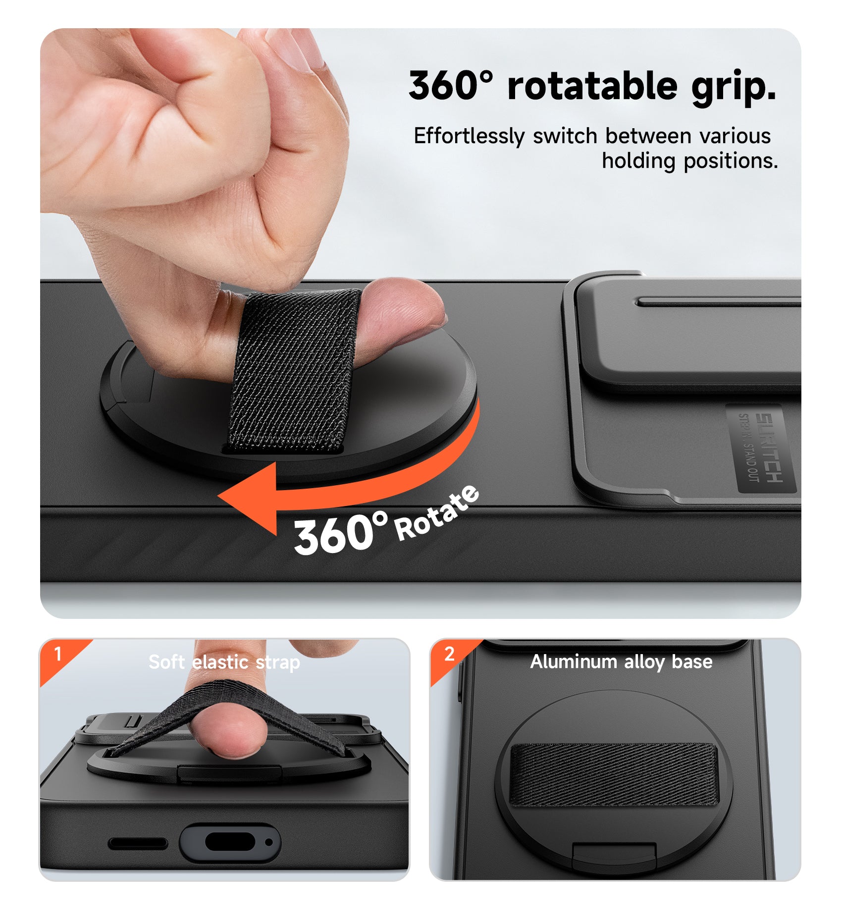 Suritch Case for Samsung Galaxy S25 with 360° Rotatable Hand Strap Phone Grip Invisible Kickstand Slide Camera Cover