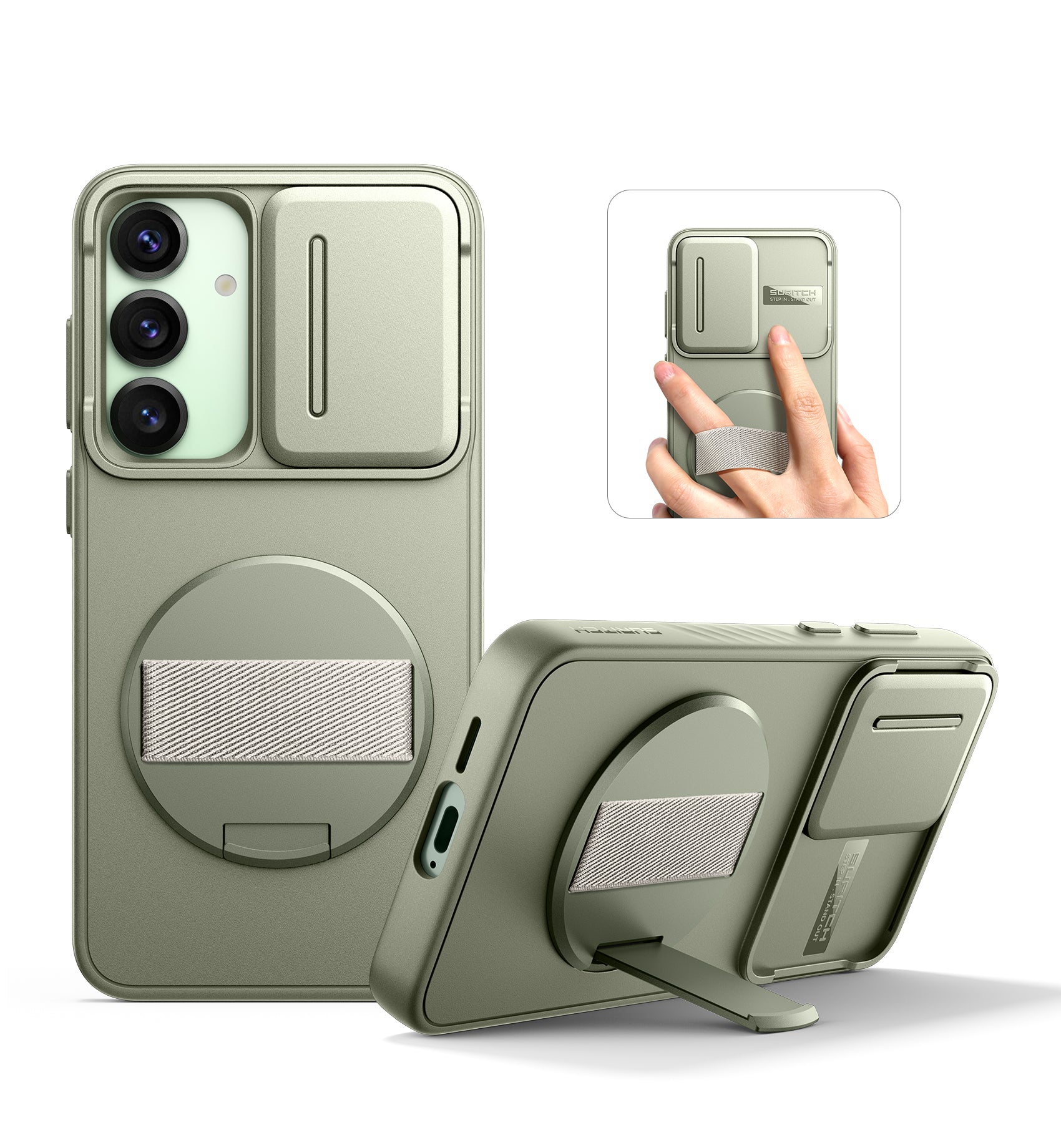 Suritch Case for Samsung Galaxy S25 with 360° Rotatable Hand Strap Phone Grip Invisible Kickstand Slide Camera Cover